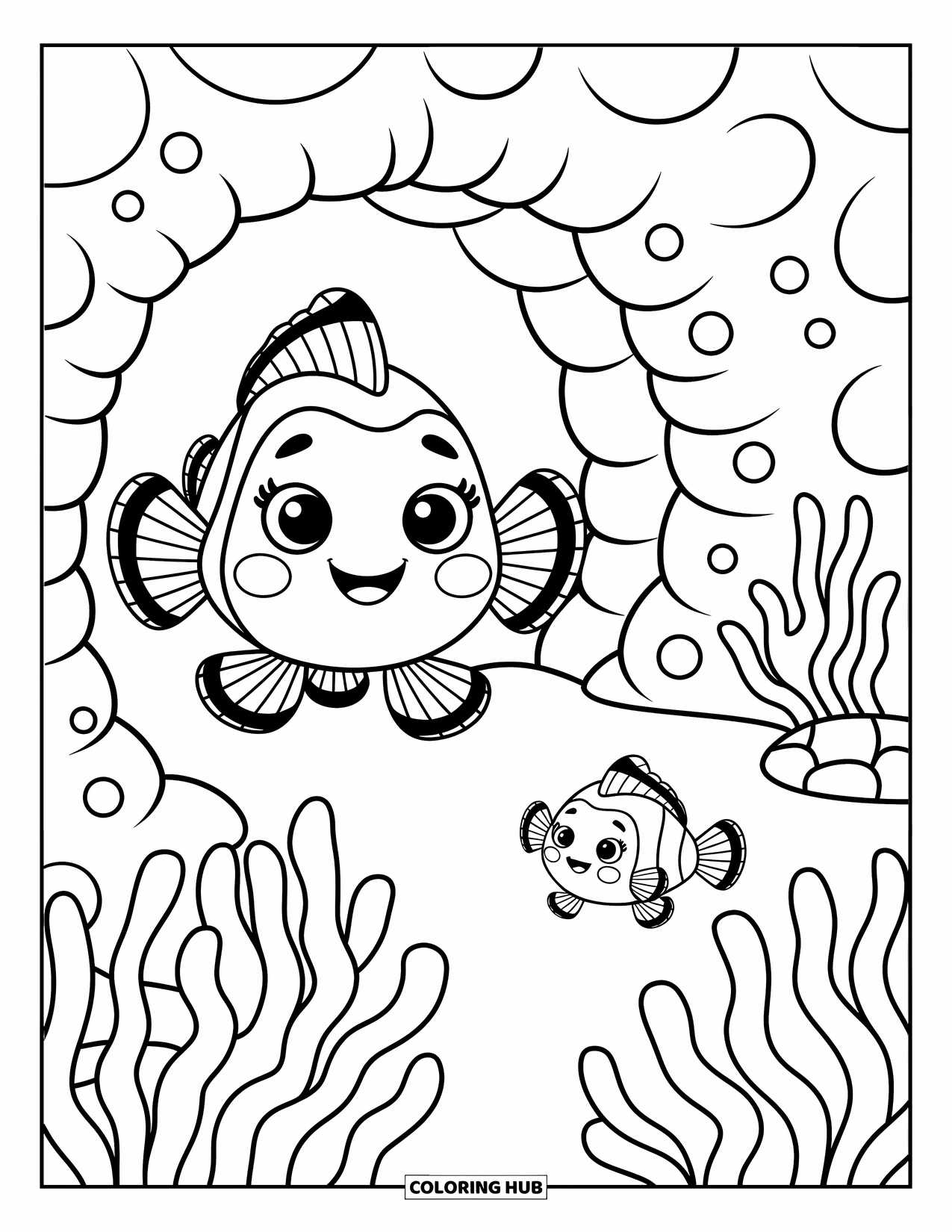 Fisch Ausmalbild für Erwachsene: Ein glücklicher Clownfisch lugt aus einer Korallenhöhle hervor, während ein zweiter neugierig um ihn herum schwimmt