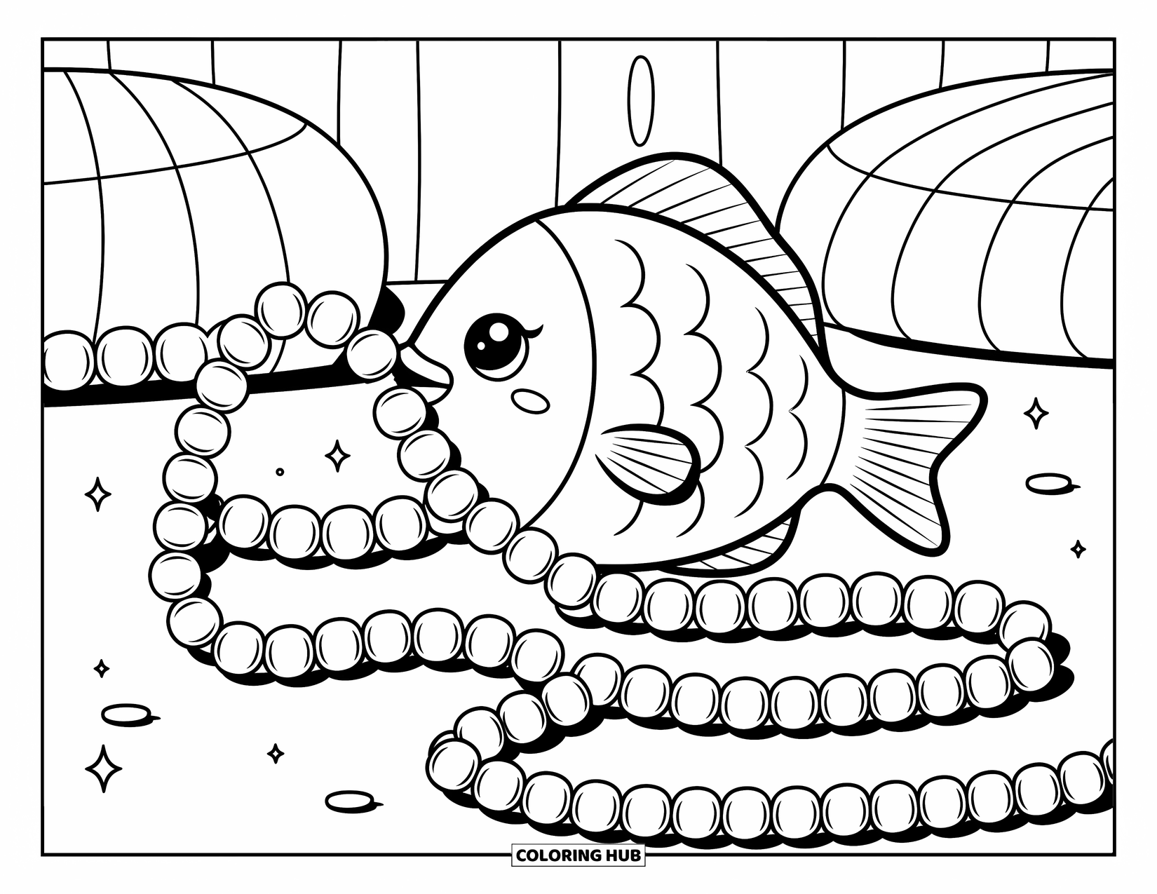 Fisch Ausmalbild für Erwachsene: Ein glücklicher Fisch legt sich eine Perlenkette um, umgeben von gemütlichen Unterwasserelementen