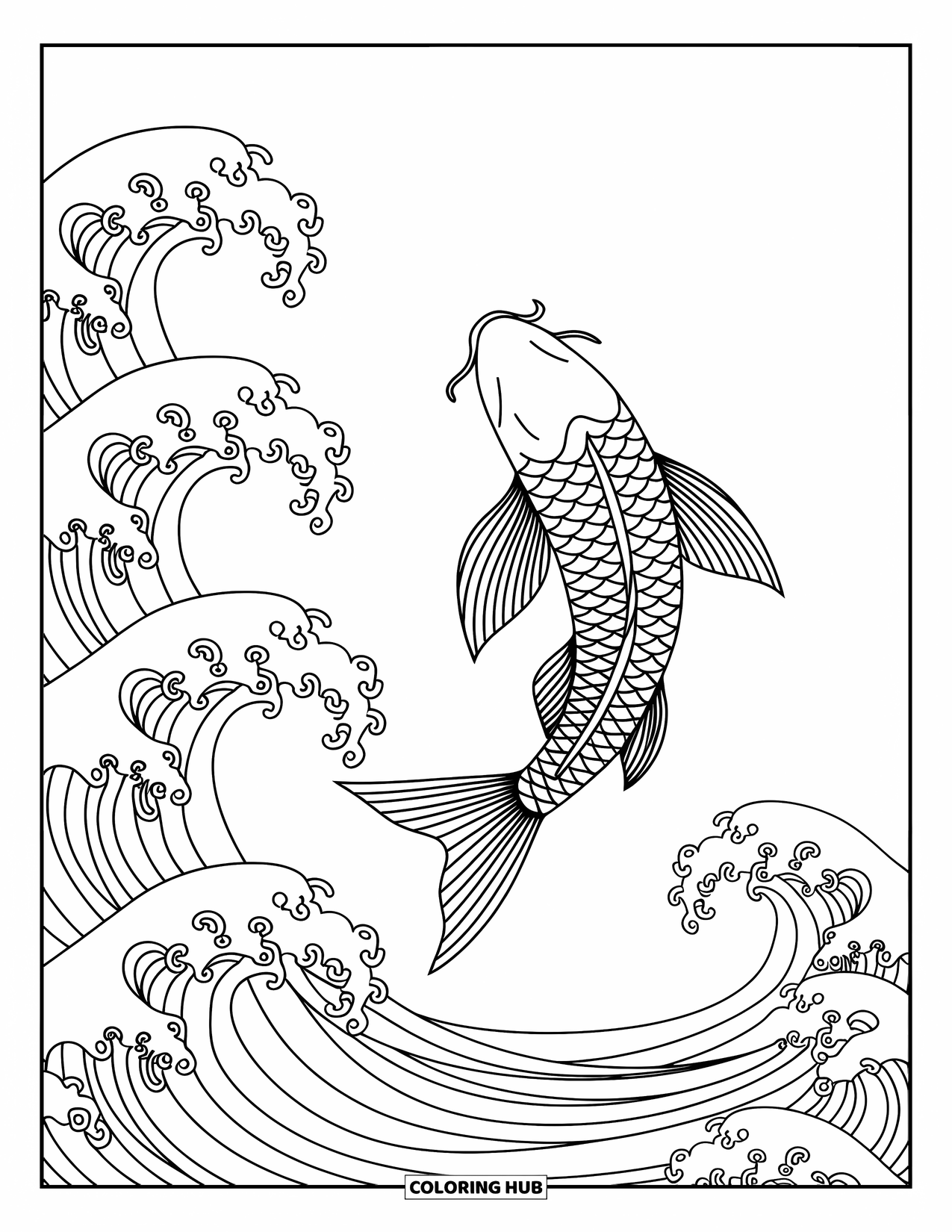 Fisch Ausmalbild für Erwachsene: Ein Koi-Fisch springt über sich kräuselnde Wellen, umgeben von komplizierten Mustern