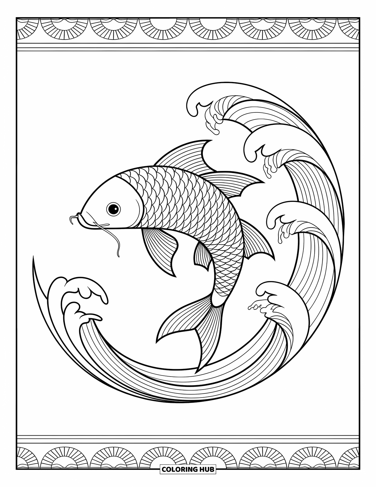 Fisch Ausmalbild für Erwachsene: Ein Koi-Fisch springt in einem raffinierten Design über elegante, sich kräuselnde Wellen