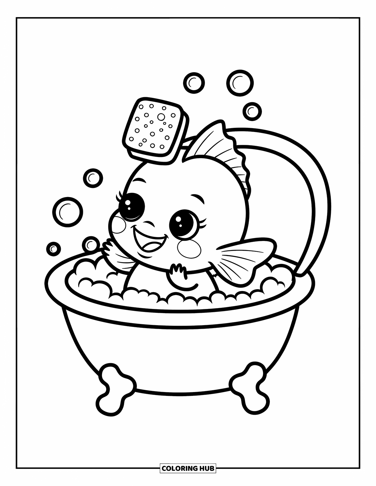 Fisch Ausmalbild für Erwachsene: Ein verspielter Babyfisch badet in einer Muschelbadewanne, umgeben von Blasen und einem schwimmenden Schwamm