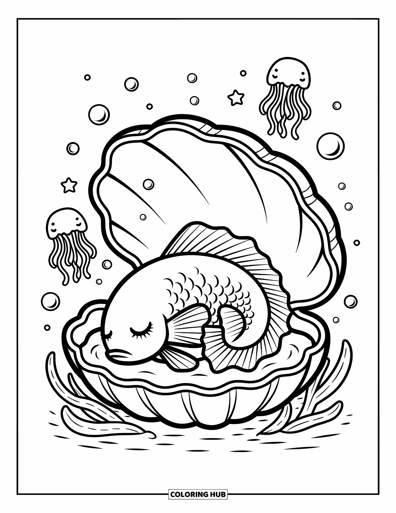 Fisch Ausmalbild für Erwachsene: Ein verschlafener Betta-Fisch rollt sich in einem riesigen Muschelbett zusammen, eingewickelt in eine weiche Seetangdecke