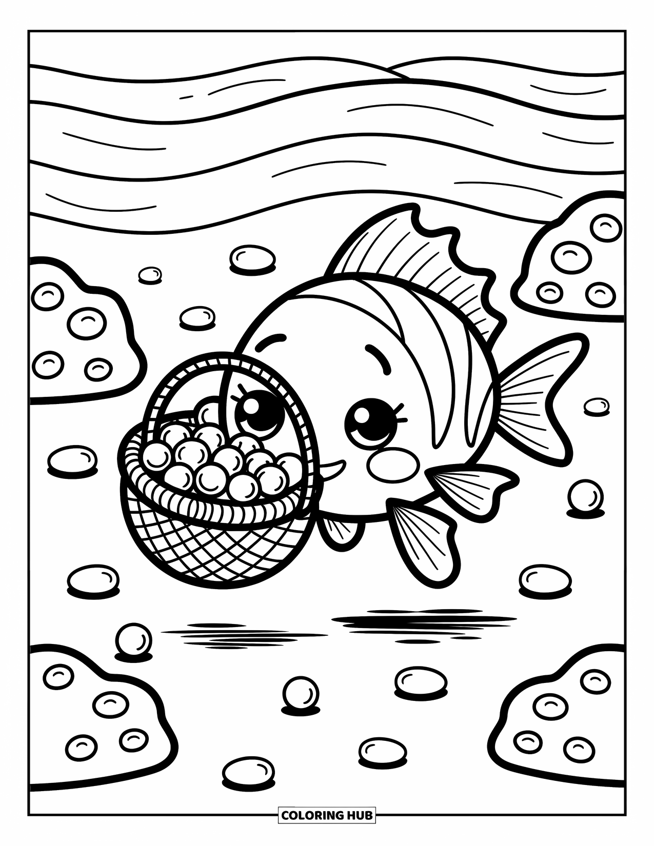 Fisch Ausmalbild für Erwachsene: Ein winziger Fisch trägt einen geflochtenen Seegraskorb voller glänzender Perlen und pflückt eine weitere aus dem Sand
