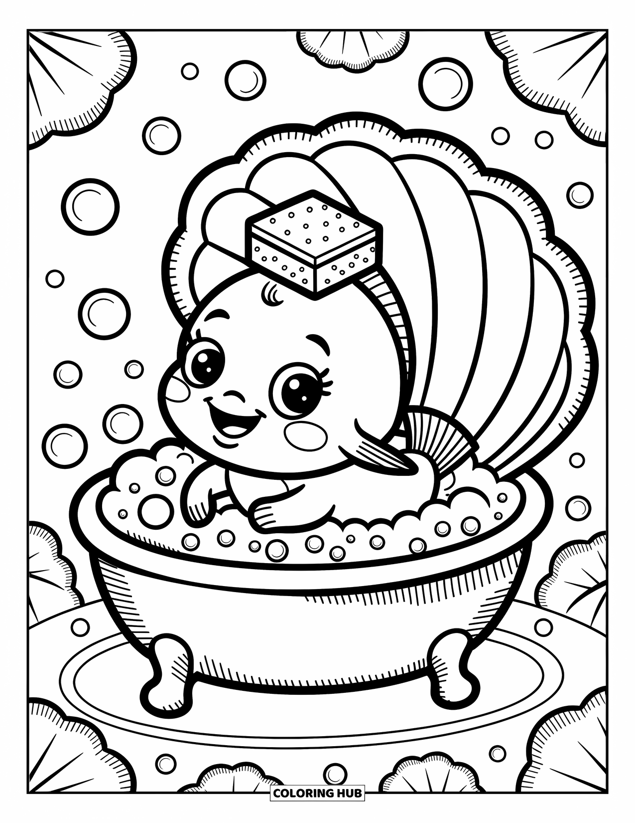 Fisch Ausmalbild für Erwachsene: Ein winziger Fisch kichert, während er in einer sprudelnden Muschelbadewanne spielt, mit einem Schwamm auf dem Kopf