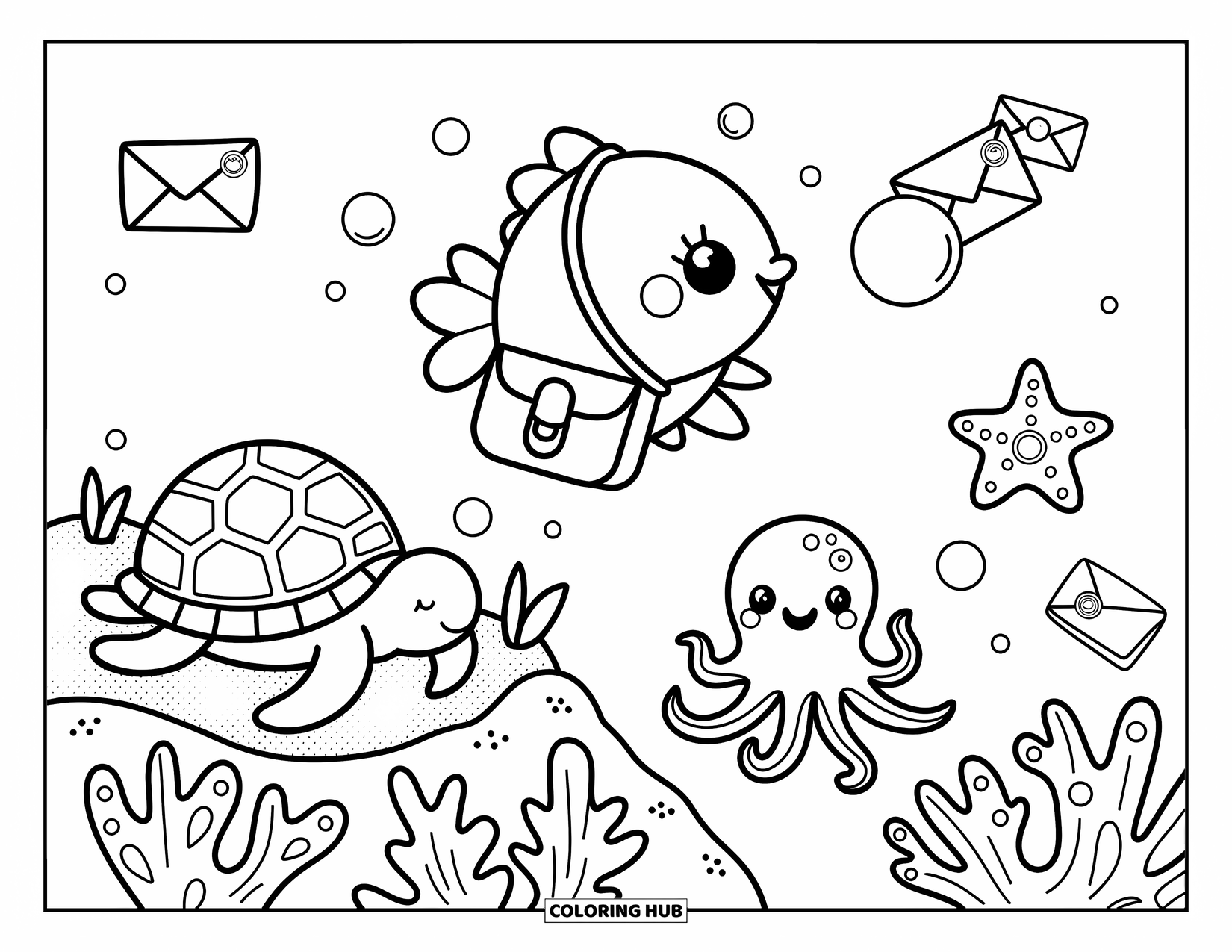 Fisch Ausmalbild für Erwachsene: Ein winziger Postfisch liefert Briefe an Meeresbewohner, wobei eine Schildkröte und ein Tintenfisch sehnsüchtig warten