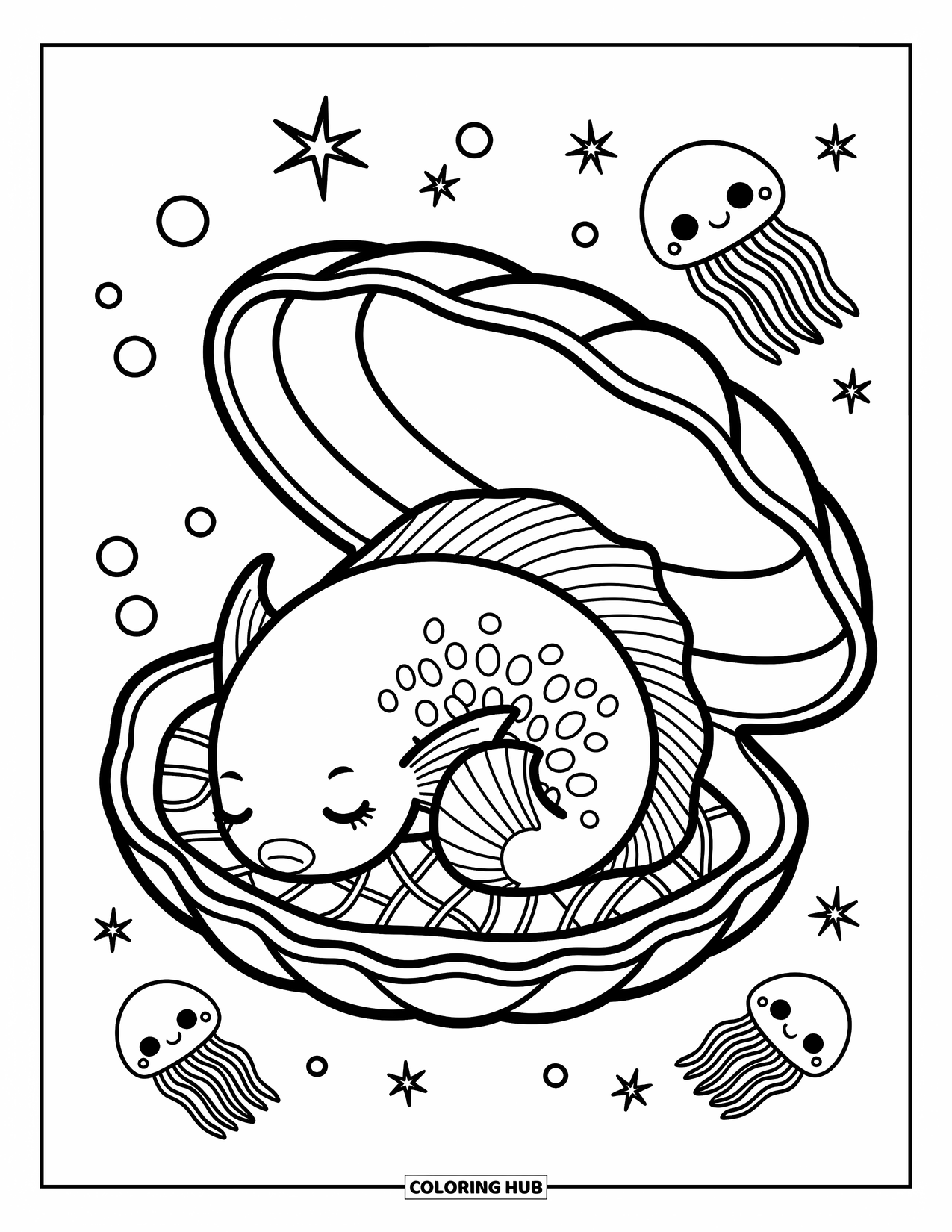 Fisch Ausmalbild für Erwachsene: Ein müder Betta-Fisch kuschelt sich in eine Muschel und schläft zwischen funkelnden Unterwassersternen ein