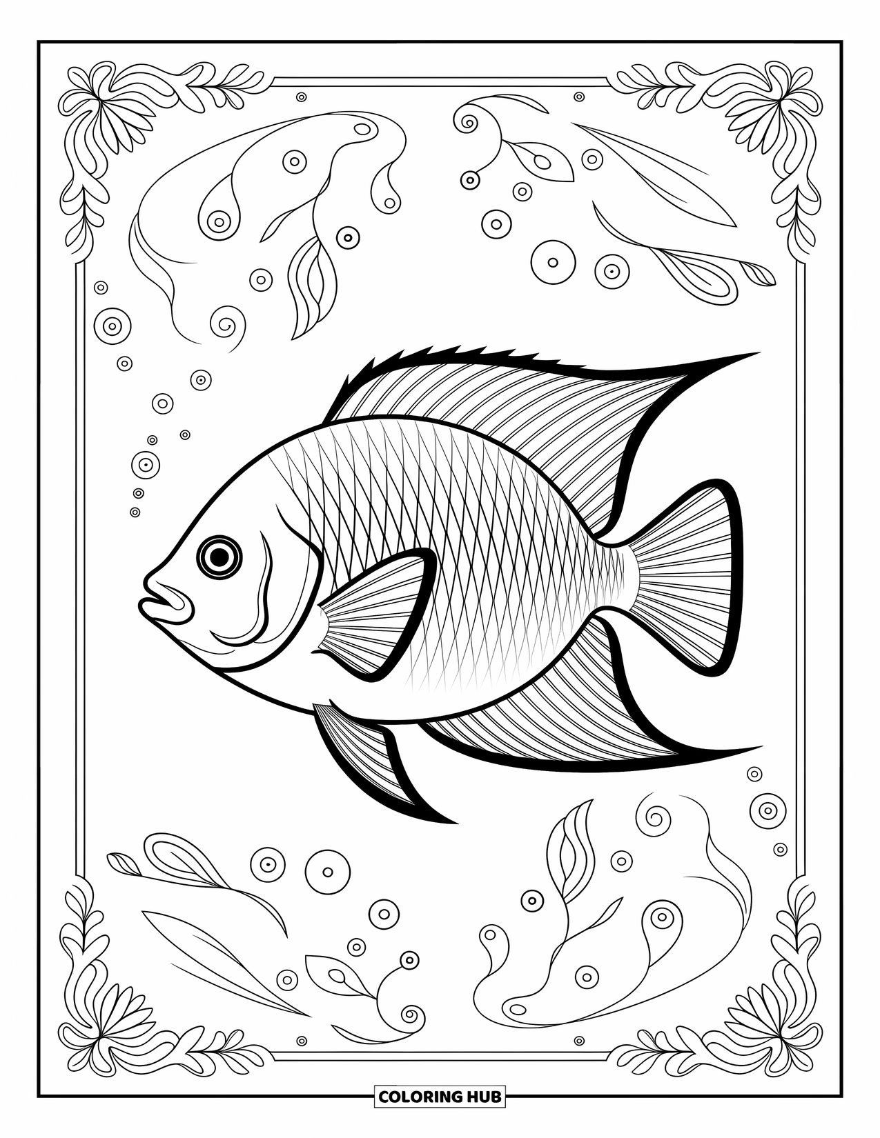 Fisch Ausmalbild für Erwachsene: Ein tropischer Fisch mit eleganten Mustern schwimmt in einem komplizierten, detaillierten Design