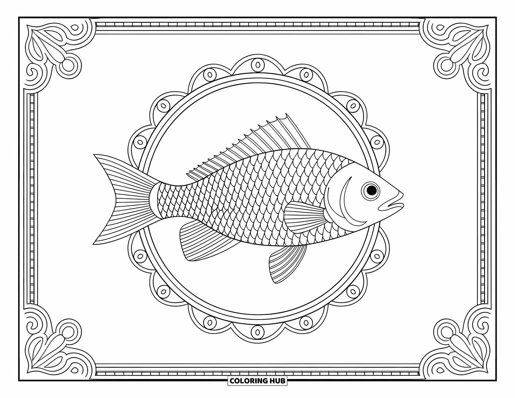 Fisch Ausmalbild für Erwachsene: Ein eleganter Fisch, geschmückt mit komplizierten Mustern, schwimmt in einem dekorativen kreisförmigen Rahmen
