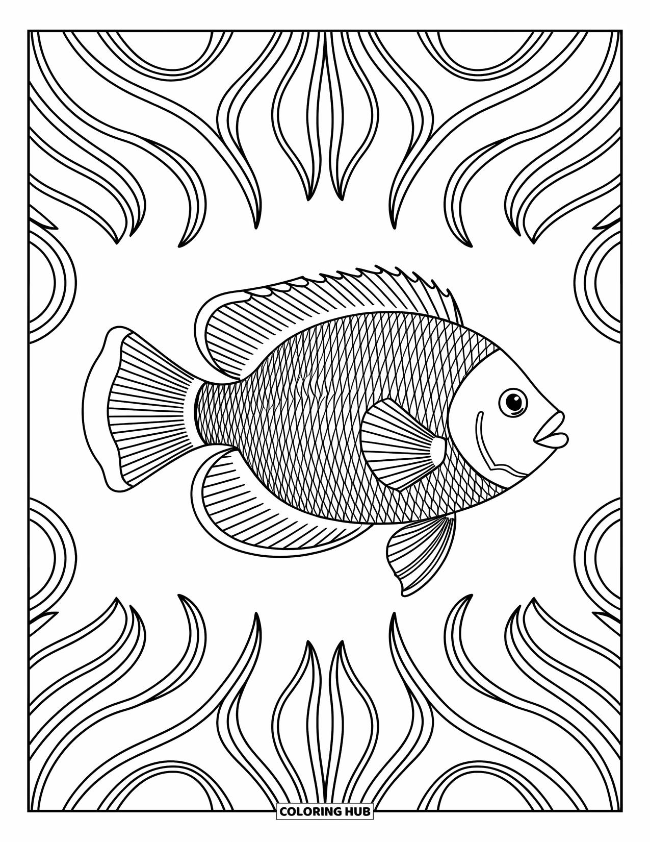 Fisch Ausmalbild für Erwachsene: Ein detailreicher tropischer Fisch mit kunstvollen, wirbelnden Mustern