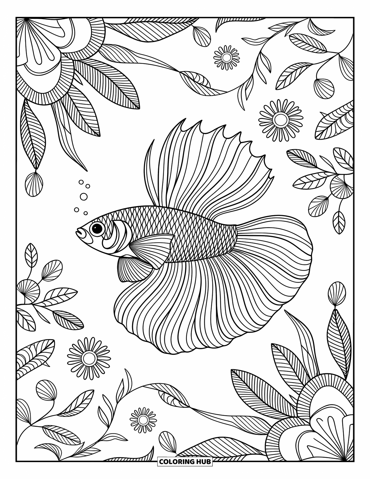Fisch Ausmalbild für Erwachsene: Ein kunstvoller Betta-Fisch mit fließenden Flossen, umgeben von zarten Blumenmustern