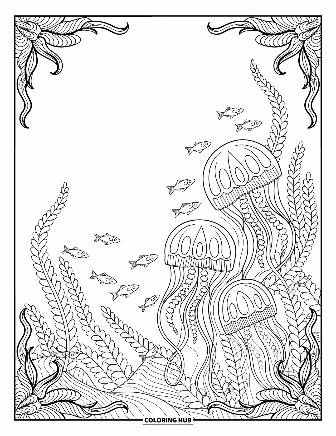 Fisch Ausmalbild für Erwachsene: Zarter Seetang umwirbelt Fische und Quallen in dieser detaillierten Ozeanszene