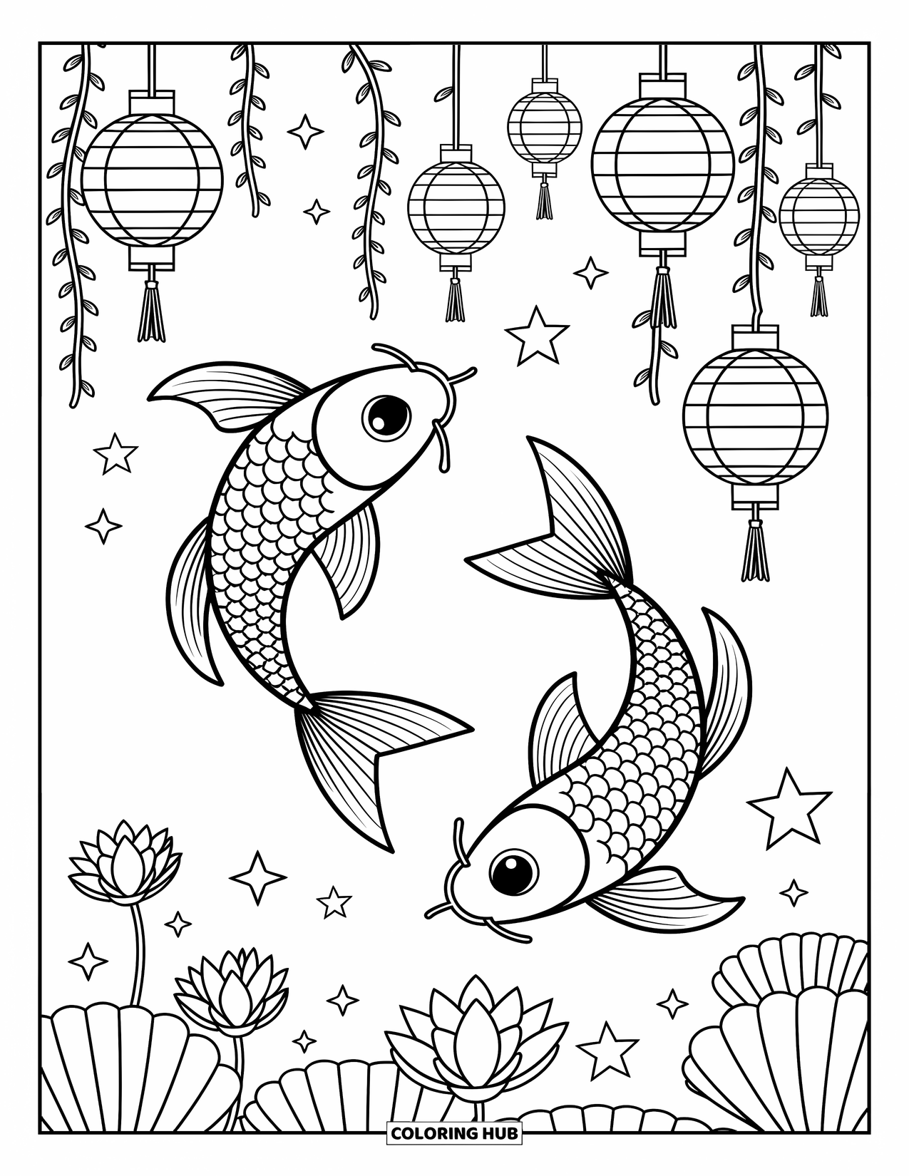 Fisch Ausmalbild für Erwachsene: Anmutige Koi-Fische gleiten um leuchtende, schwebende Laternen, umgeben von funkelnden Sternenblasen