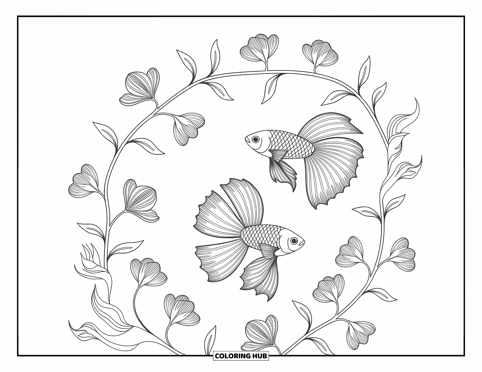 Fisch Ausmalbild für Erwachsene: Kunstvolle Betta-Fische gleiten durch ein Meer aus komplizierten Blumendesigns