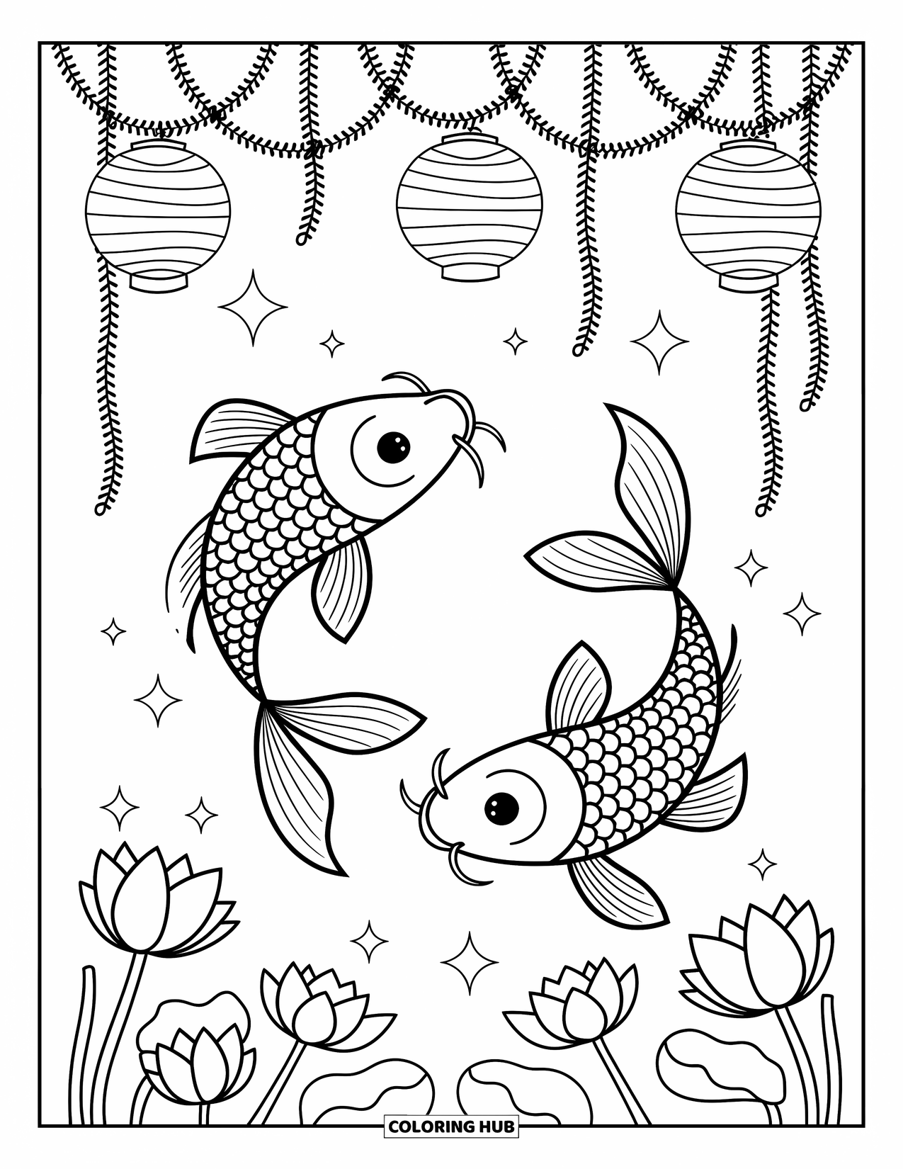Fisch Ausmalbild für Erwachsene: Zwei elegante Koi-Fische schwimmen um schwebende Laternen, die in einer friedlichen Szene an Seetangranken hängen