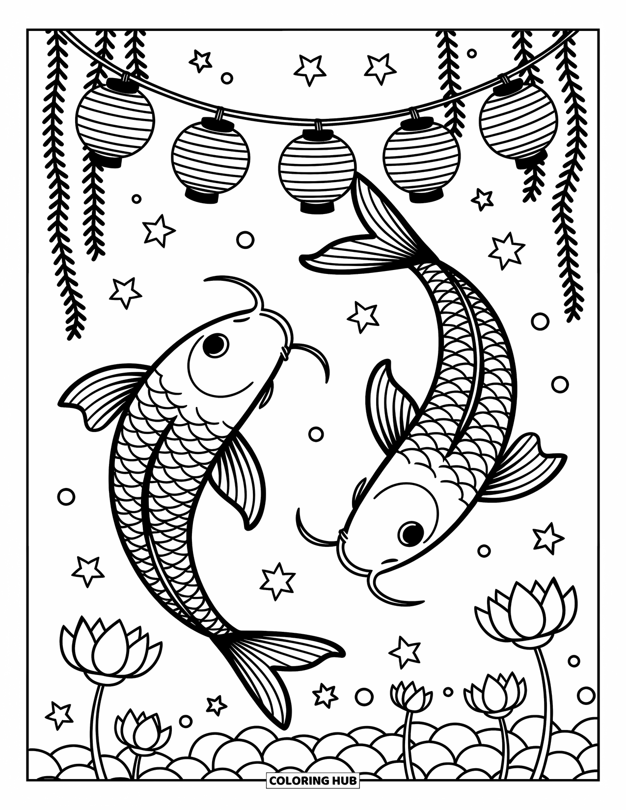 Fisch Ausmalbild für Erwachsene: Zwei Koi-Fische schwimmen durch ruhiges Wasser und schlängeln sich zwischen schwebenden Laternen und zarten Lotusblumen