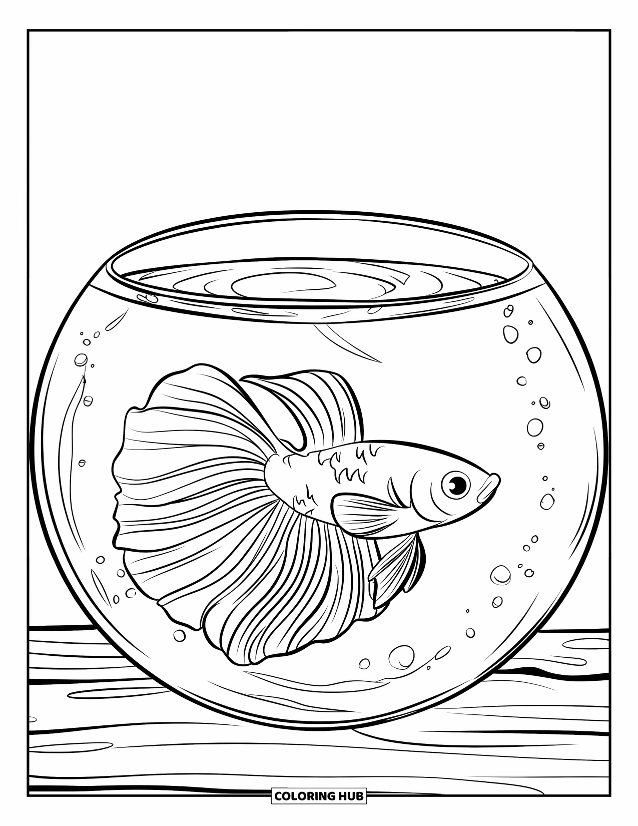 Fisch Ausmalbild für Kinder: Ein Betta-Fisch gleitet durch eine kleine Wasserschale, sein Schwanz fließt wie ein weiches Band