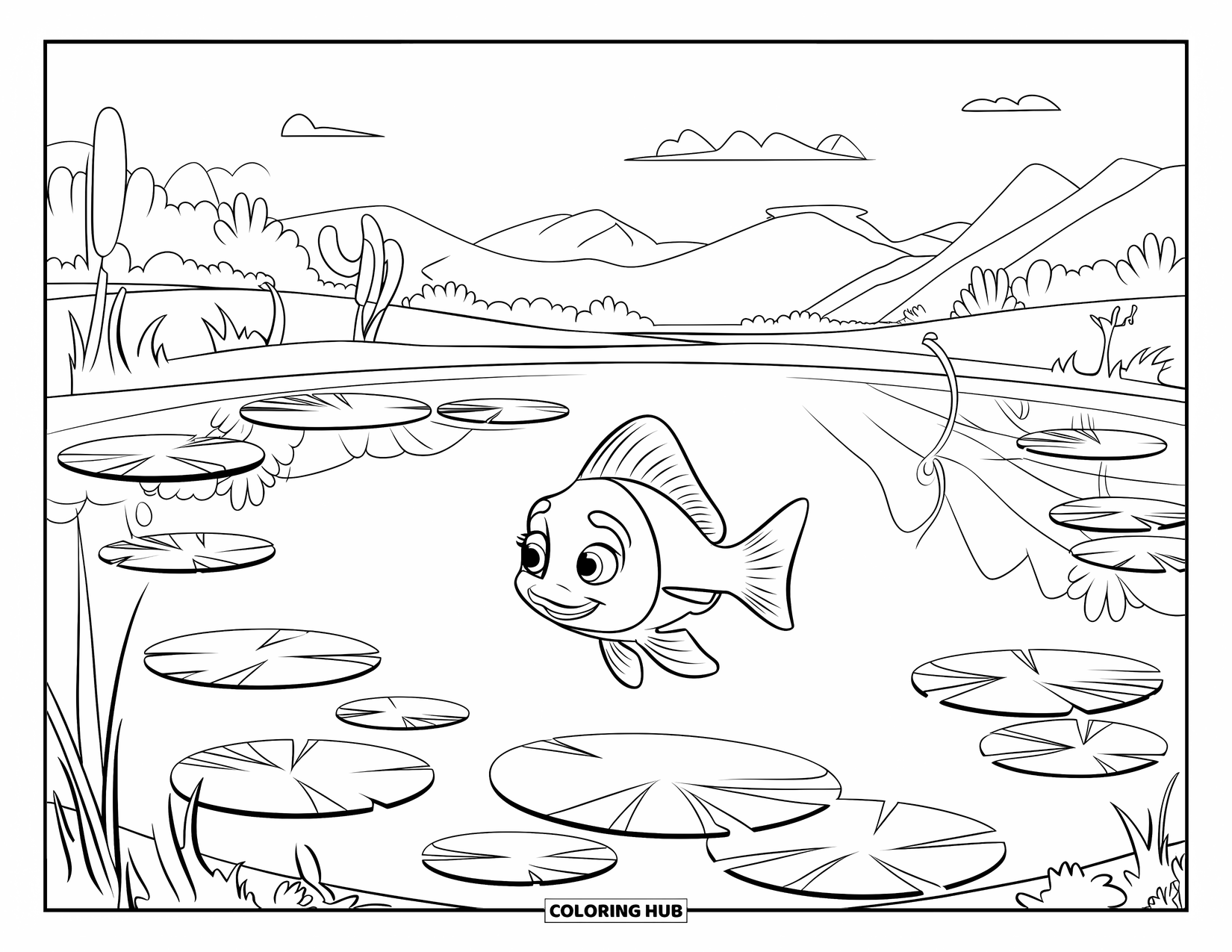 Fisch Ausmalbild für Kinder: Ein fröhlicher Fisch gleitet durch einen Teich, umgeben von schwebenden Seerosenblättern und sanften Wellen