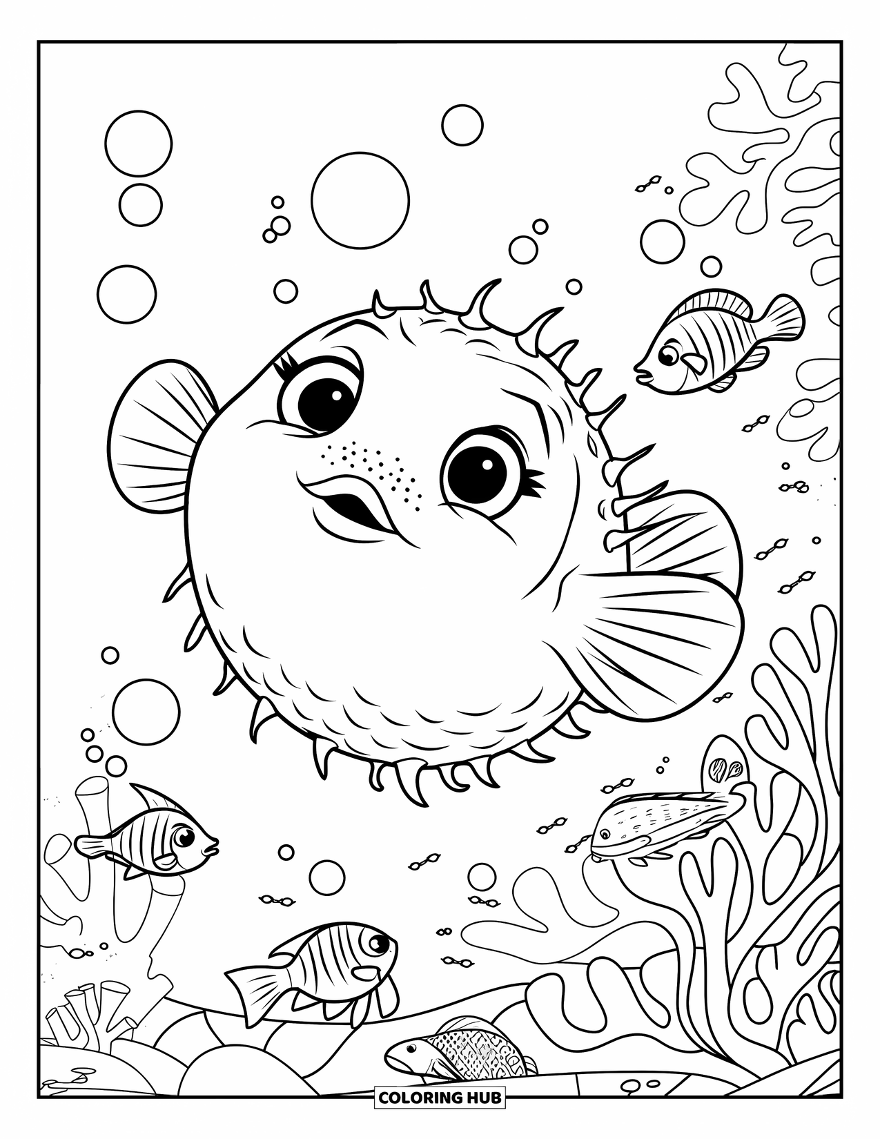Fisch Ausmalbild für Kinder: Ein fröhlicher Kugelfisch mit winzigen Flossen schwimmt in einem Korallenriff, umgeben von Meeresblasen