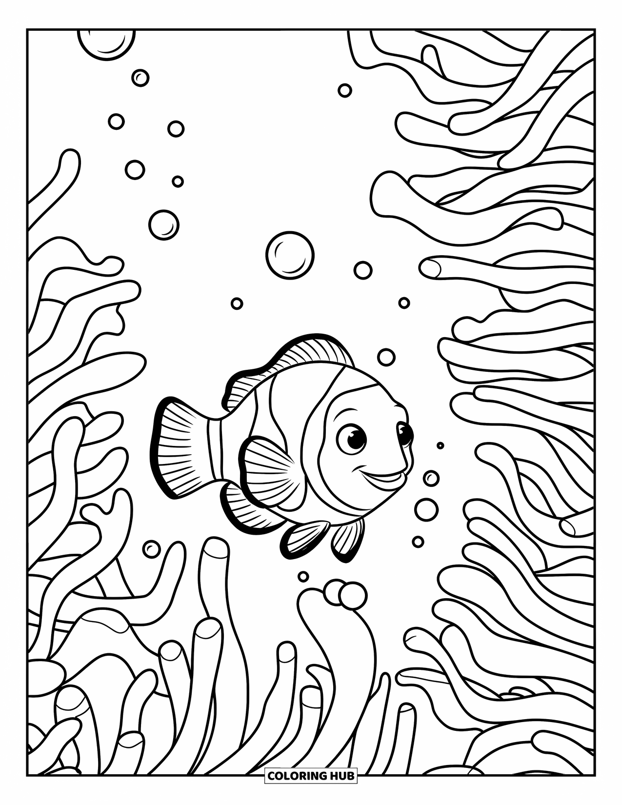 Fisch Ausmalbild für Kinder: Ein Clownfisch schlängelt sich spielerisch durch die schwankenden Ranken einer lebhaften Seeanemone