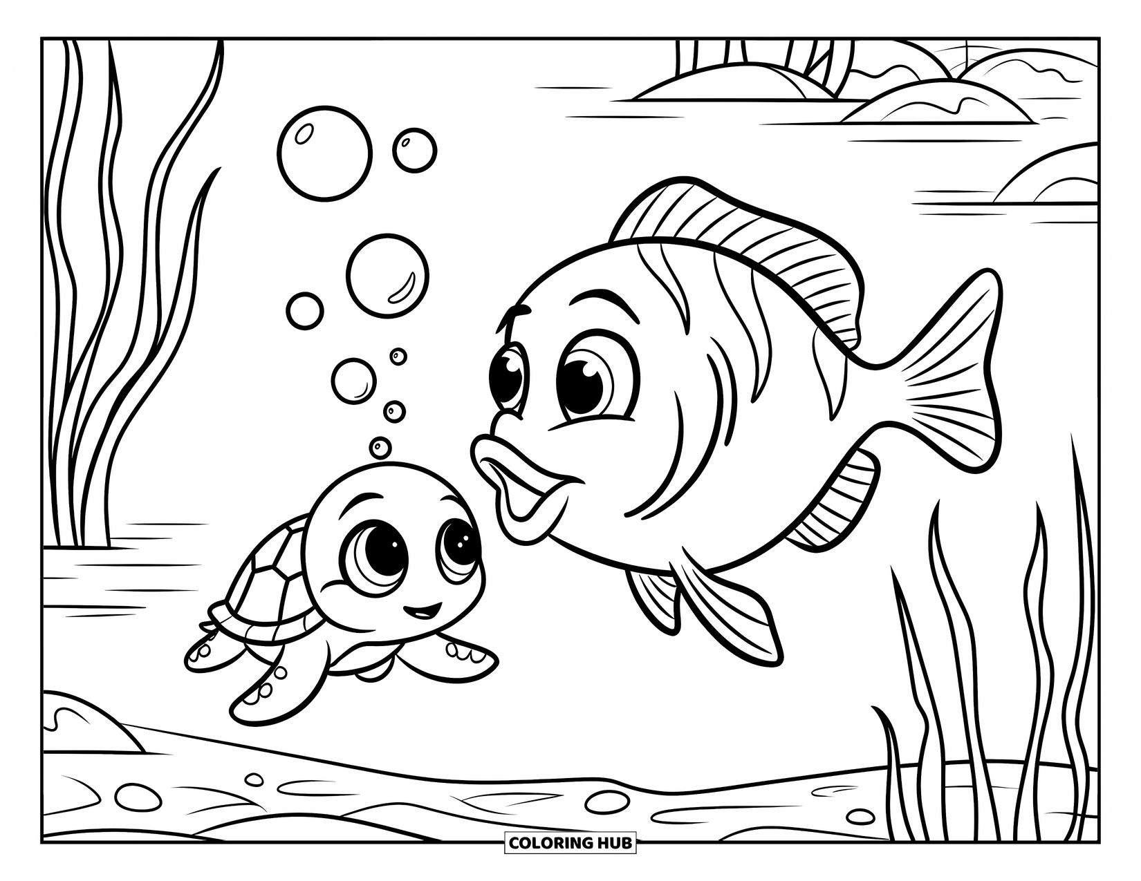 Fisch Ausmalbild für Kinder: Ein neugieriger Fisch bläst Blasen, während eine kleine Meeresschildkröte in einer Unterwasserszene vorbeizieht