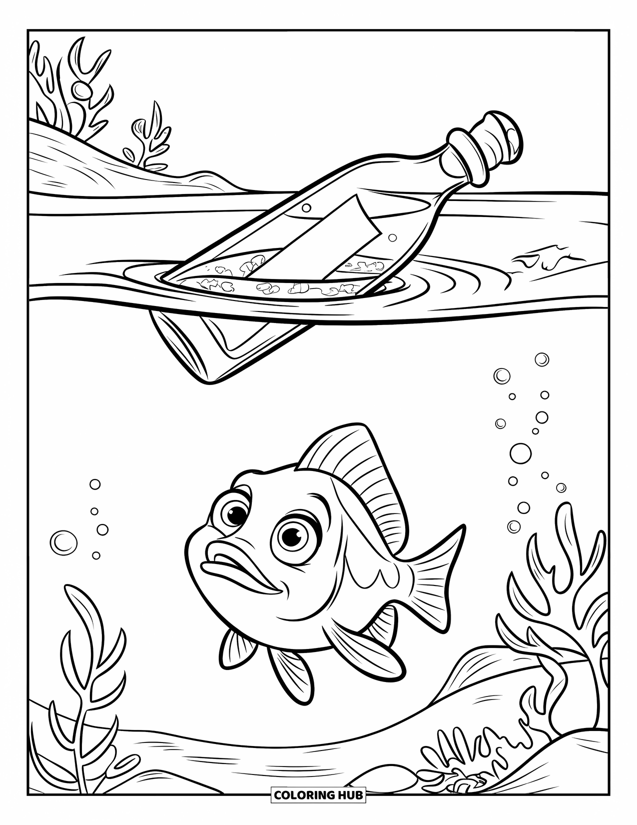 Fisch Ausmalbild für Kinder: Ein neugieriger Fisch blickt auf eine schwebende Flaschenpost, die im Wasser treibt