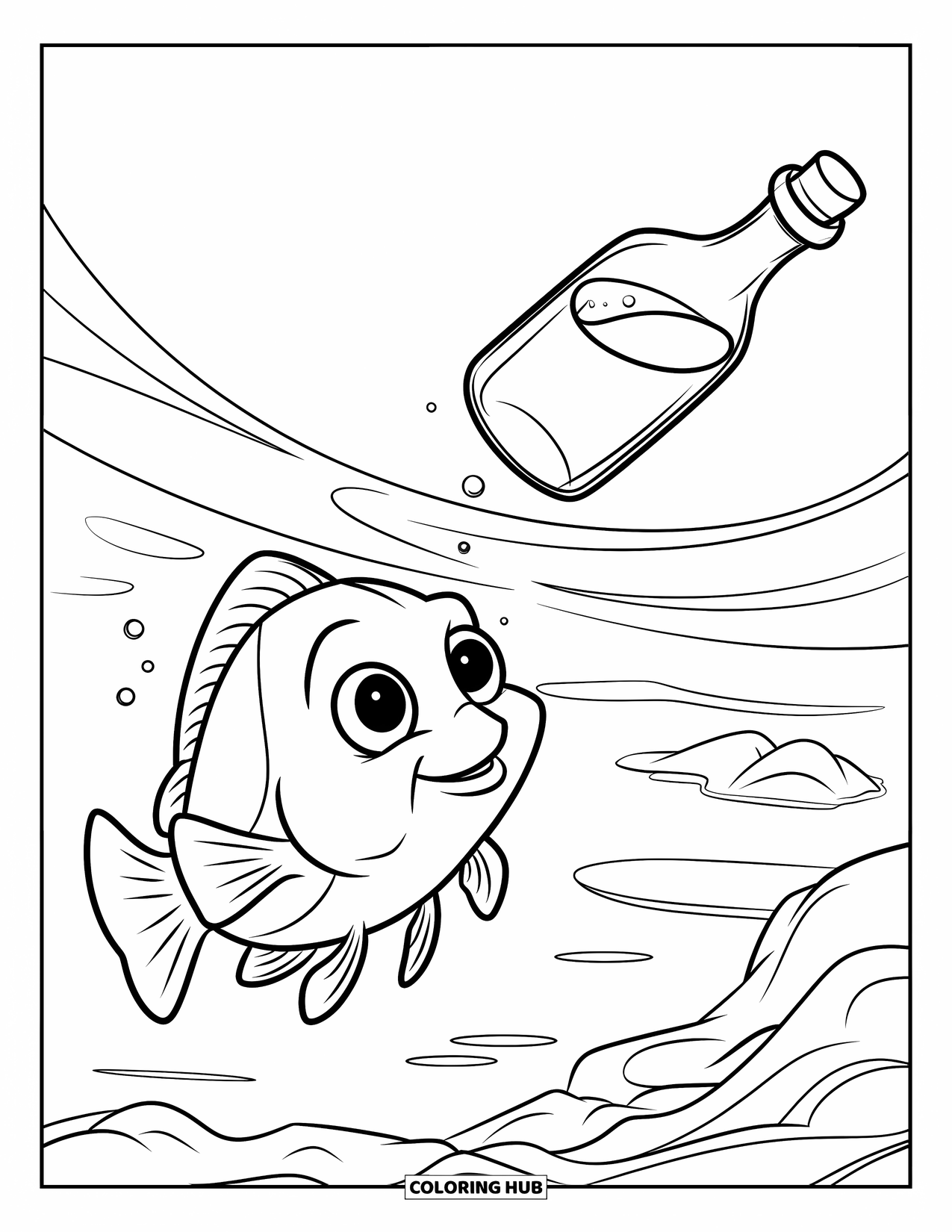 Fisch Ausmalbild für Kinder: Ein neugieriger Fisch starrt auf eine schwebende Flasche, umgeben von Wellen und verstreuten Felsen