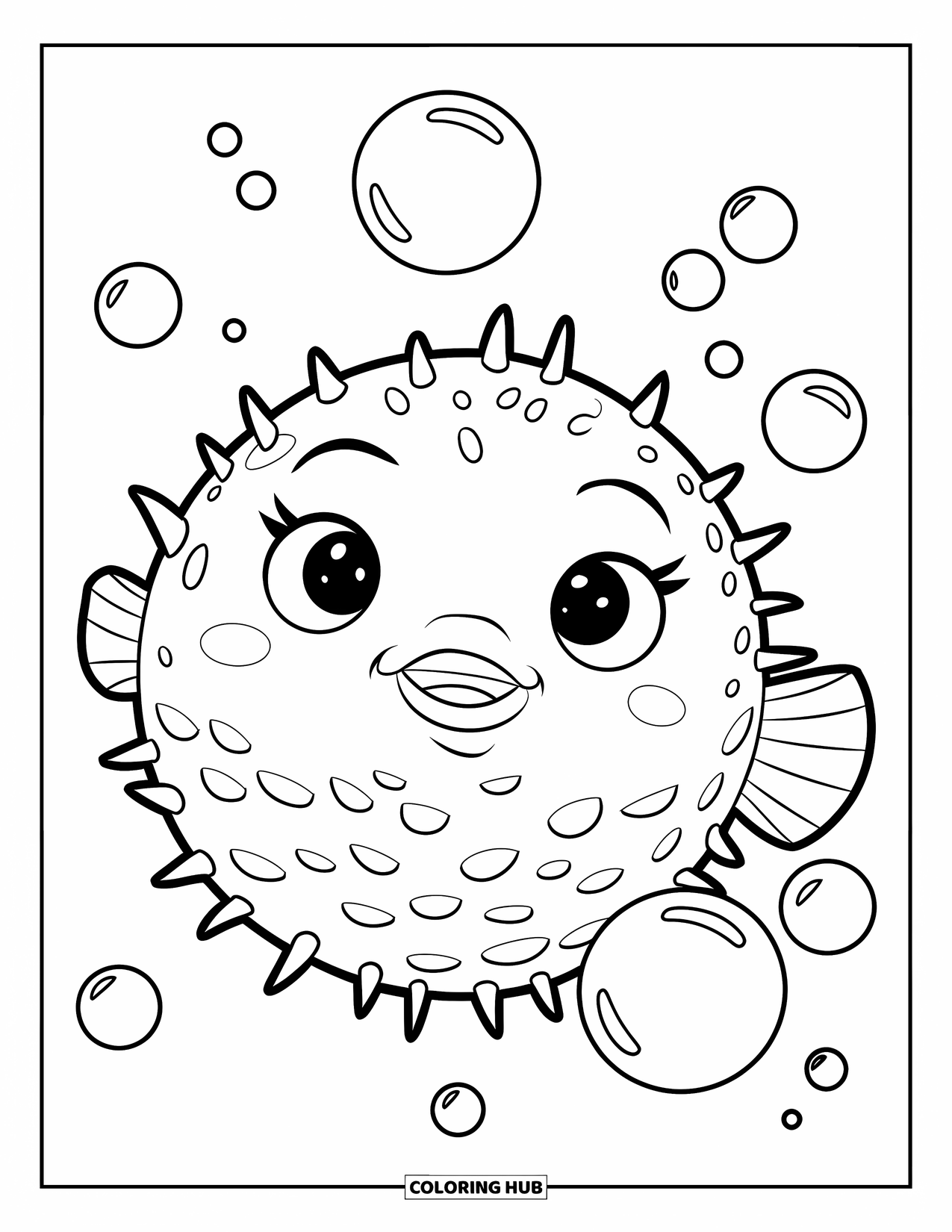Fisch Ausmalbild für Kinder: Ein niedlicher Kugelfisch mit winzigen Stacheln treibt im Wasser, umgeben von verspielten Blasen