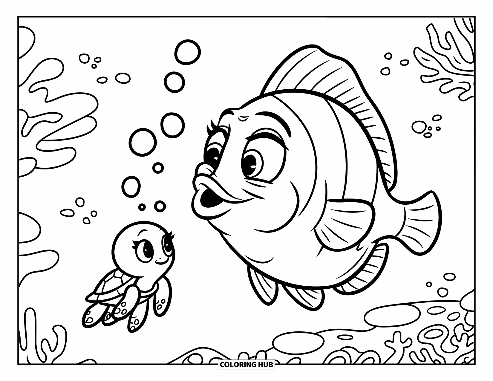 Fisch Ausmalbild für Kinder: Ein Fisch mit einem Hut bläst Blasen, während eine winzige Meeresschildkröte darunter in einem Korallenriff schwimmt