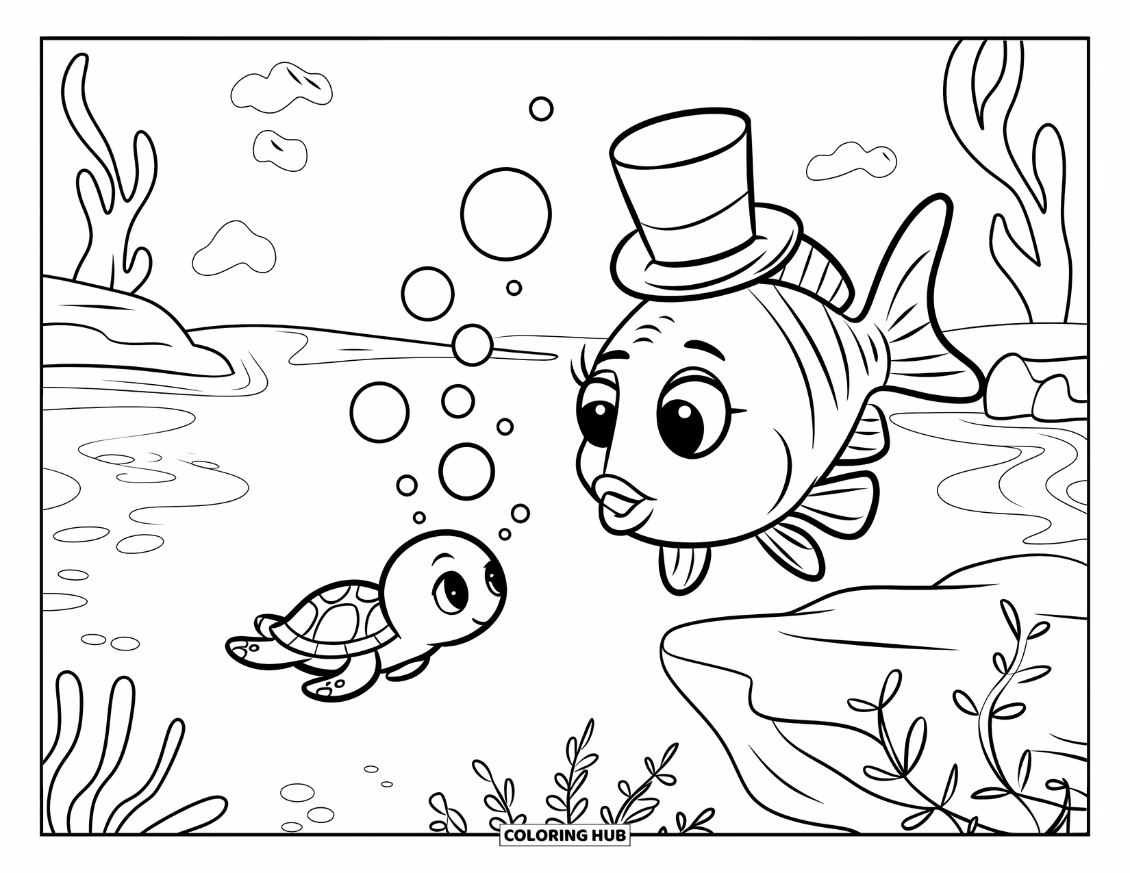 Fisch Ausmalbild für Kinder: Ein Fisch mit einem Zylinder sitzt auf einem Felsen und bläst Blasen in Richtung einer schwimmenden Schildkröte