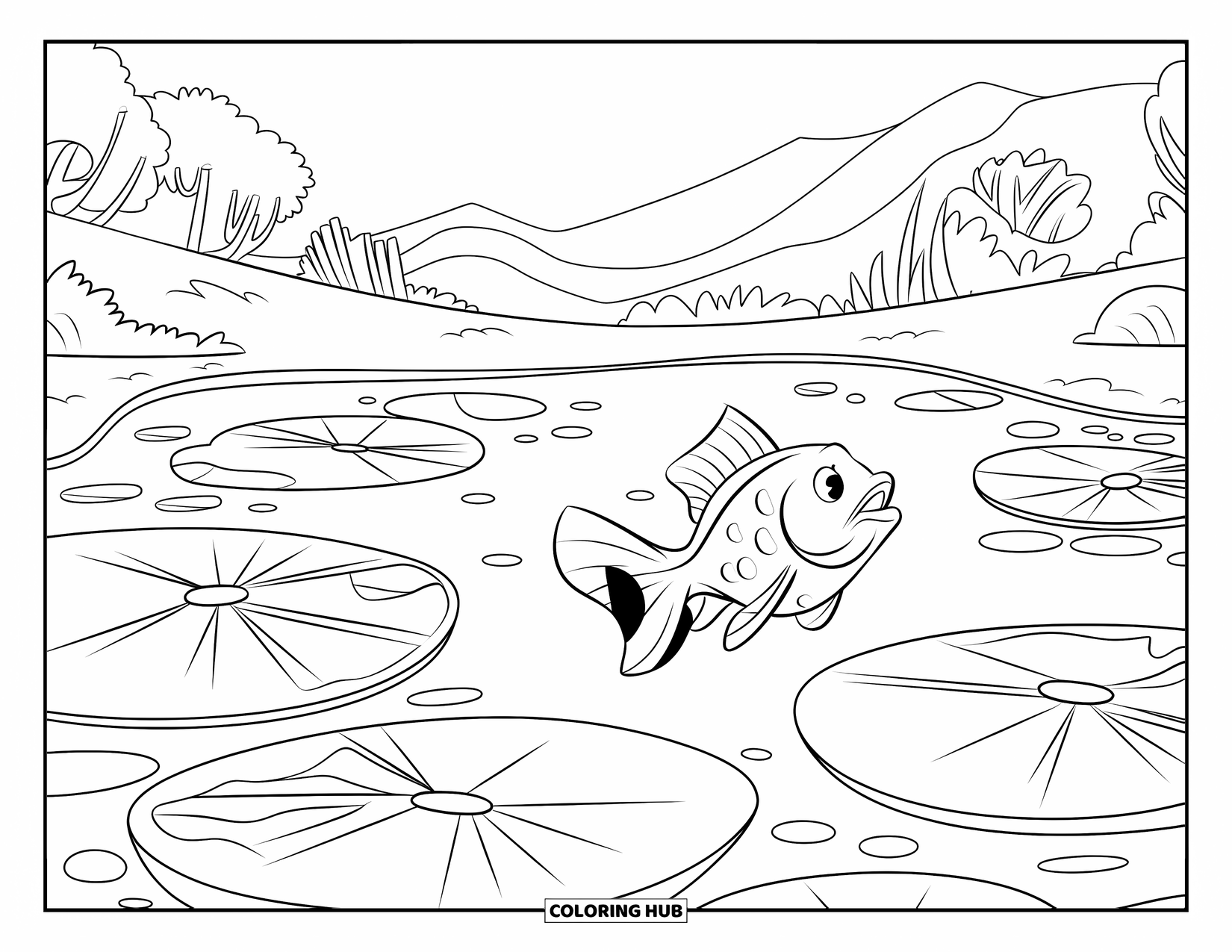 Fisch Ausmalbild für Kinder: Ein Fisch mit einem hellen Fleck in der Nähe seines Schwanzes schwimmt durch einen Teich voller großer Seerosenblätter