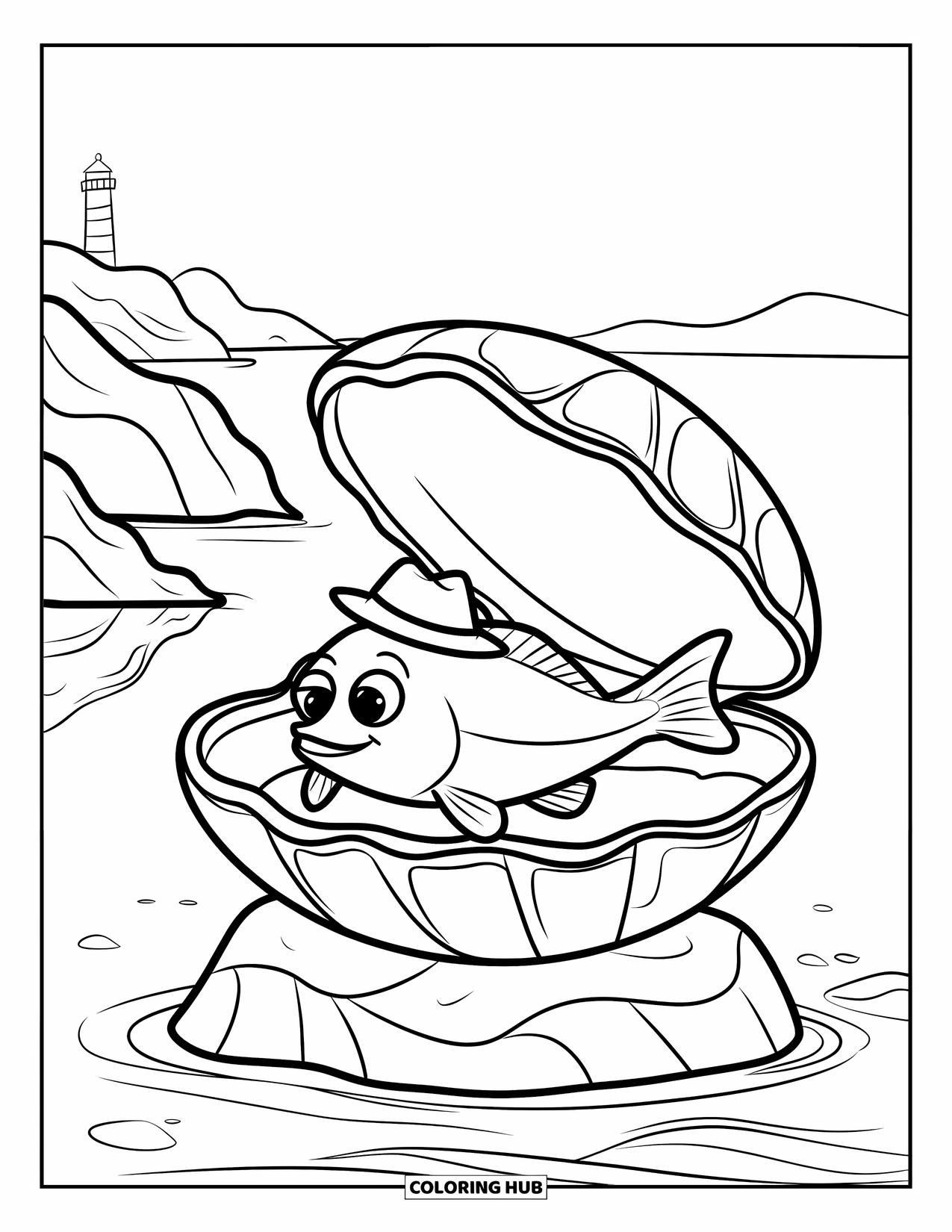 Fisch Ausmalbild für Kinder: Ein Fisch mit einem kleinen Hut ruht in einer Muschelschale an einer ruhigen, felsigen Küste