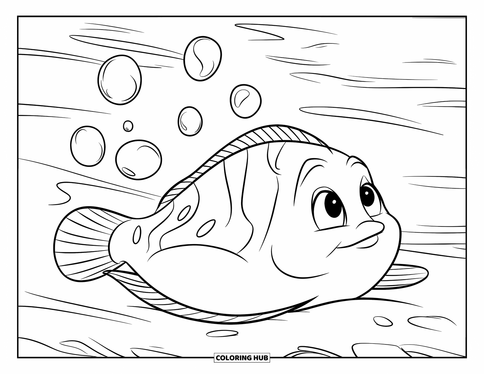 Fisch Ausmalbild für Kinder: Eine Flunder ruht auf weichem Meeresboden und blickt mit großen runden Augen auf schwebende Blasen