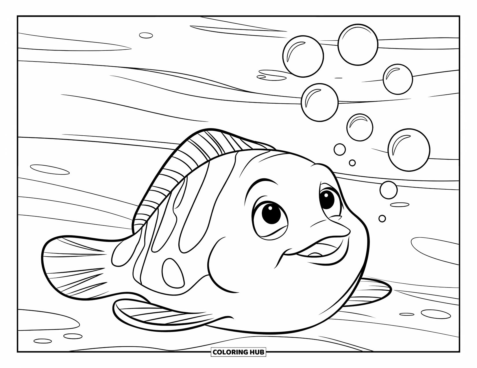 Fisch Ausmalbild für Kinder: Eine Flunder mit großen, neugierigen Augen ruht auf dem Meeresboden und beobachtet, wie Blasen nach oben treiben