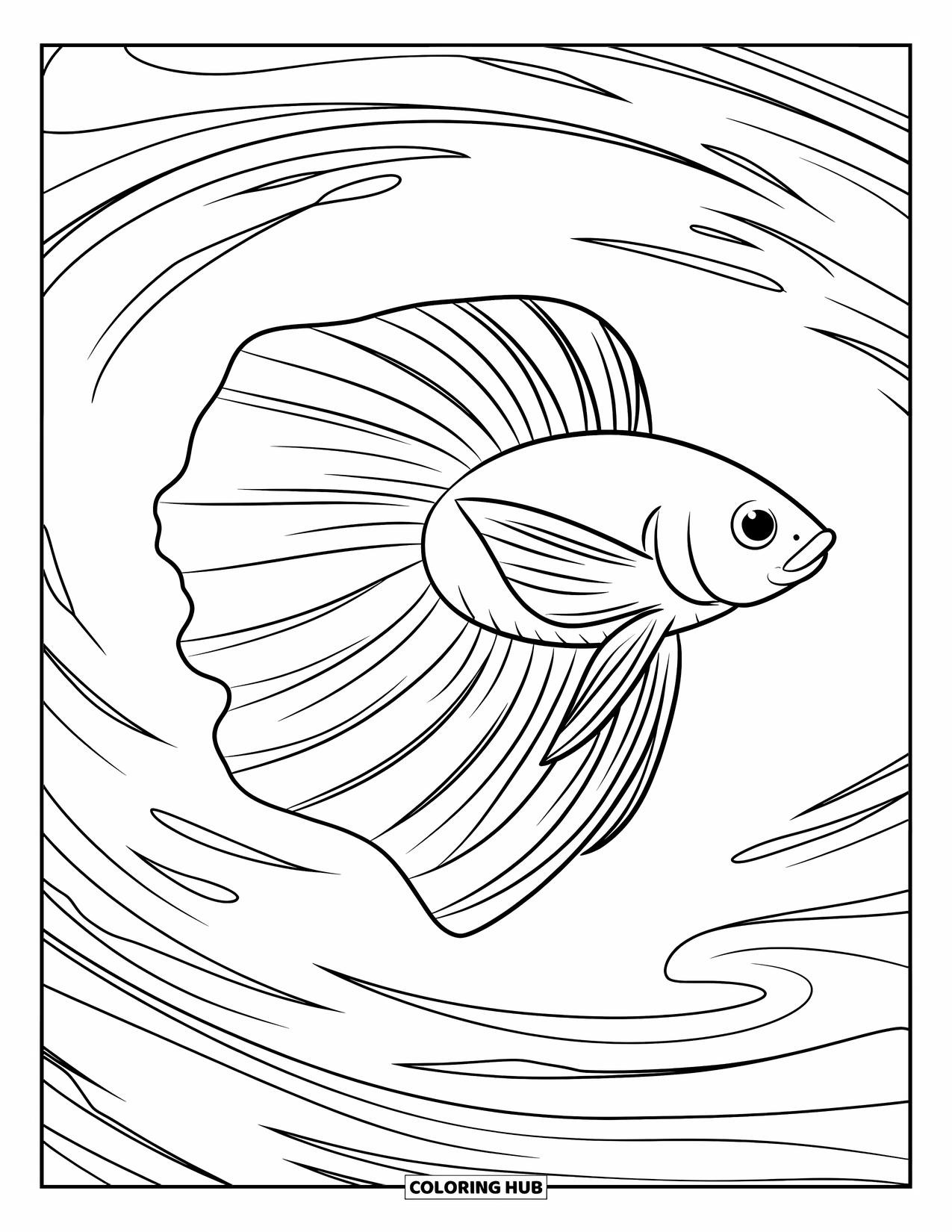 Fisch Ausmalbild für Kinder: Ein fließender Betta-Fisch schwimmt durch sanfte Wasserströmungen, seine langen Flossen wellen sich wunderschön