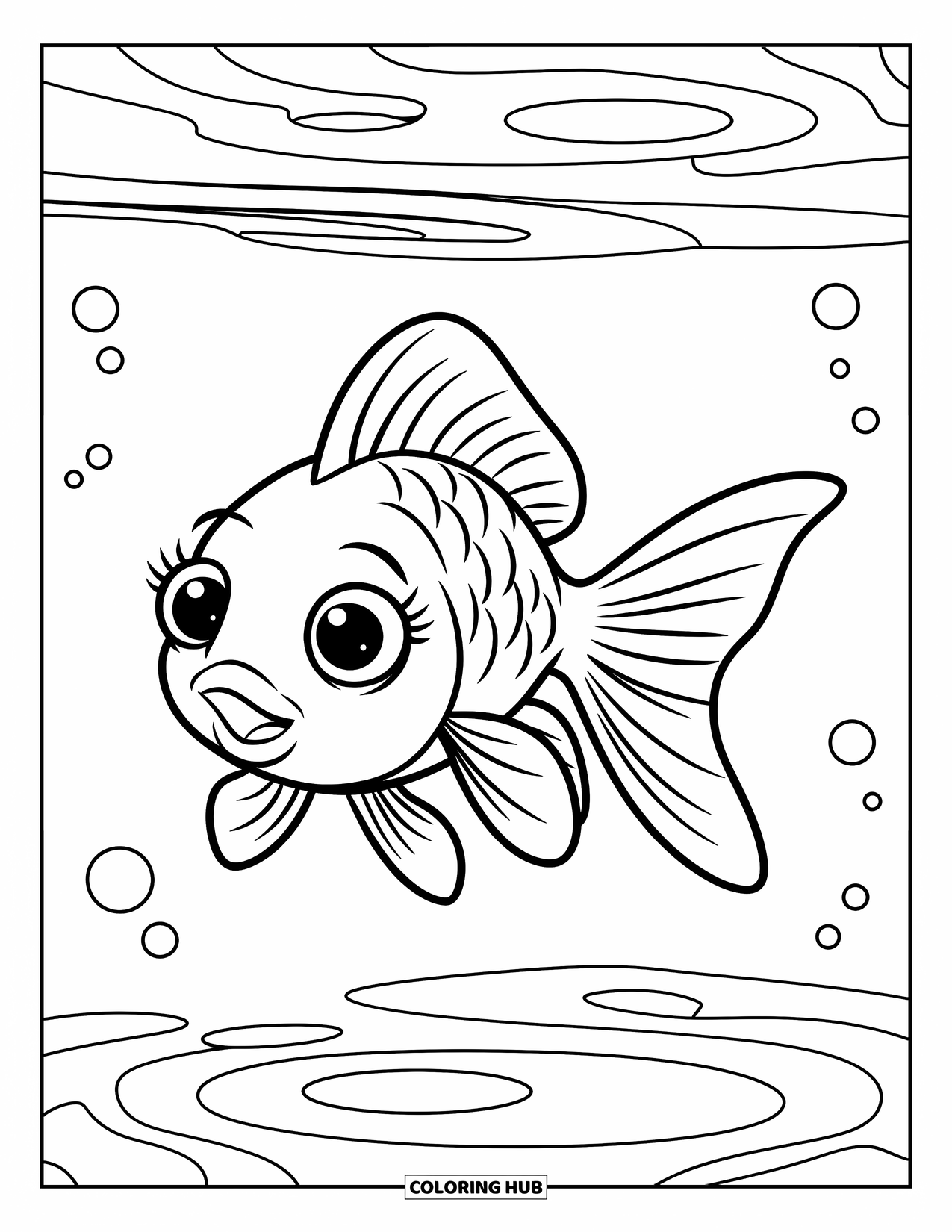 Fisch Ausmalbild für Kinder: Ein freundlicher Goldfisch mit winzigen Flossen schwimmt in ruhigem Wasser, umgeben von Blasen und Wellen