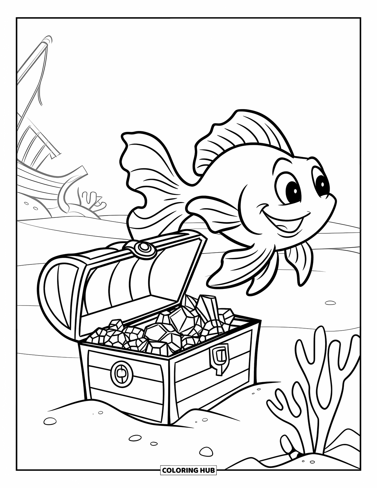 Fisch Ausmalbild für Kinder: Ein Goldfisch mit einem Hut schwimmt in der Nähe einer Goldtruhe, umgeben von Korallen und einem Schiffswrack