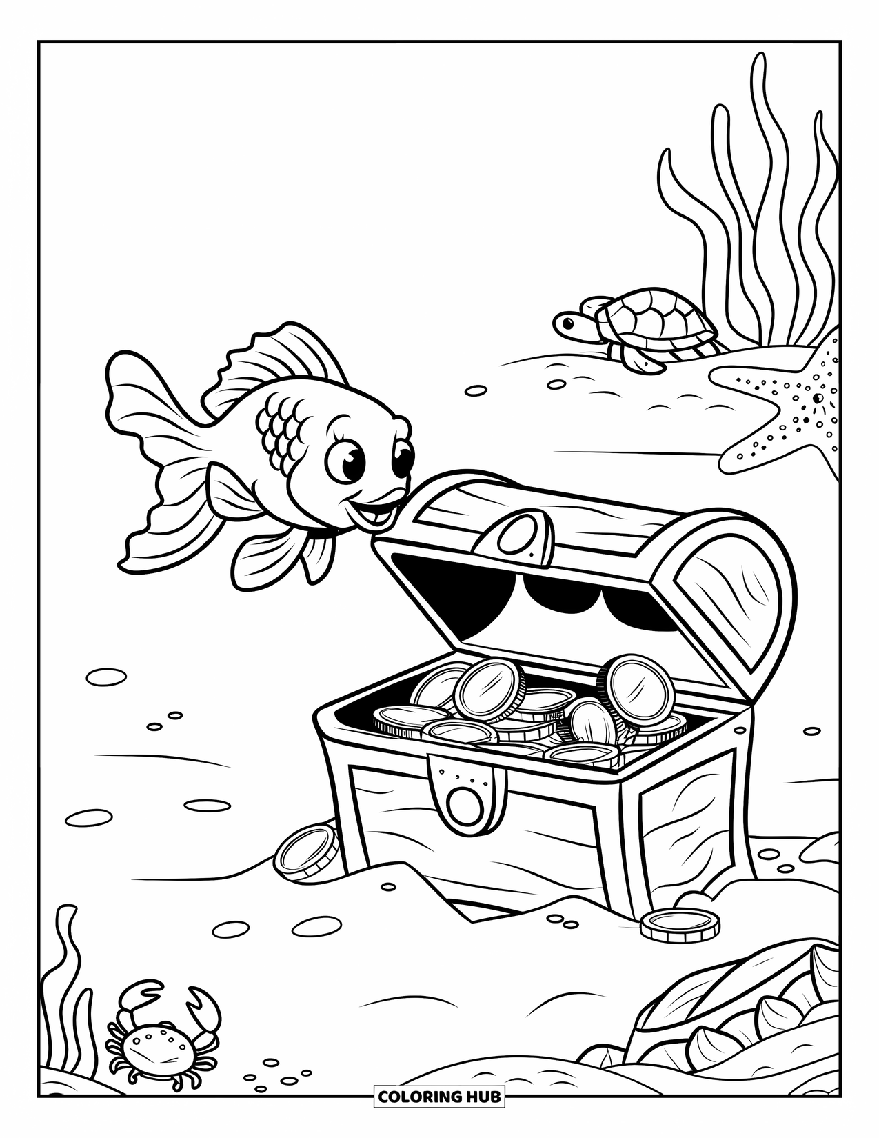 Fisch Ausmalbild für Kinder: Ein Goldfisch mit einem geringelten Schwanz schwimmt in der Nähe einer versunkenen Schatztruhe, aus der goldene Münzen quellen