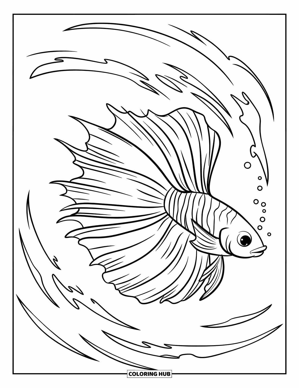 Fisch Ausmalbild für Kinder: Ein anmutiger Betta-Fisch schwimmt durch wirbelnde Wasserströmungen, seine langen Flossen fließen hinterher