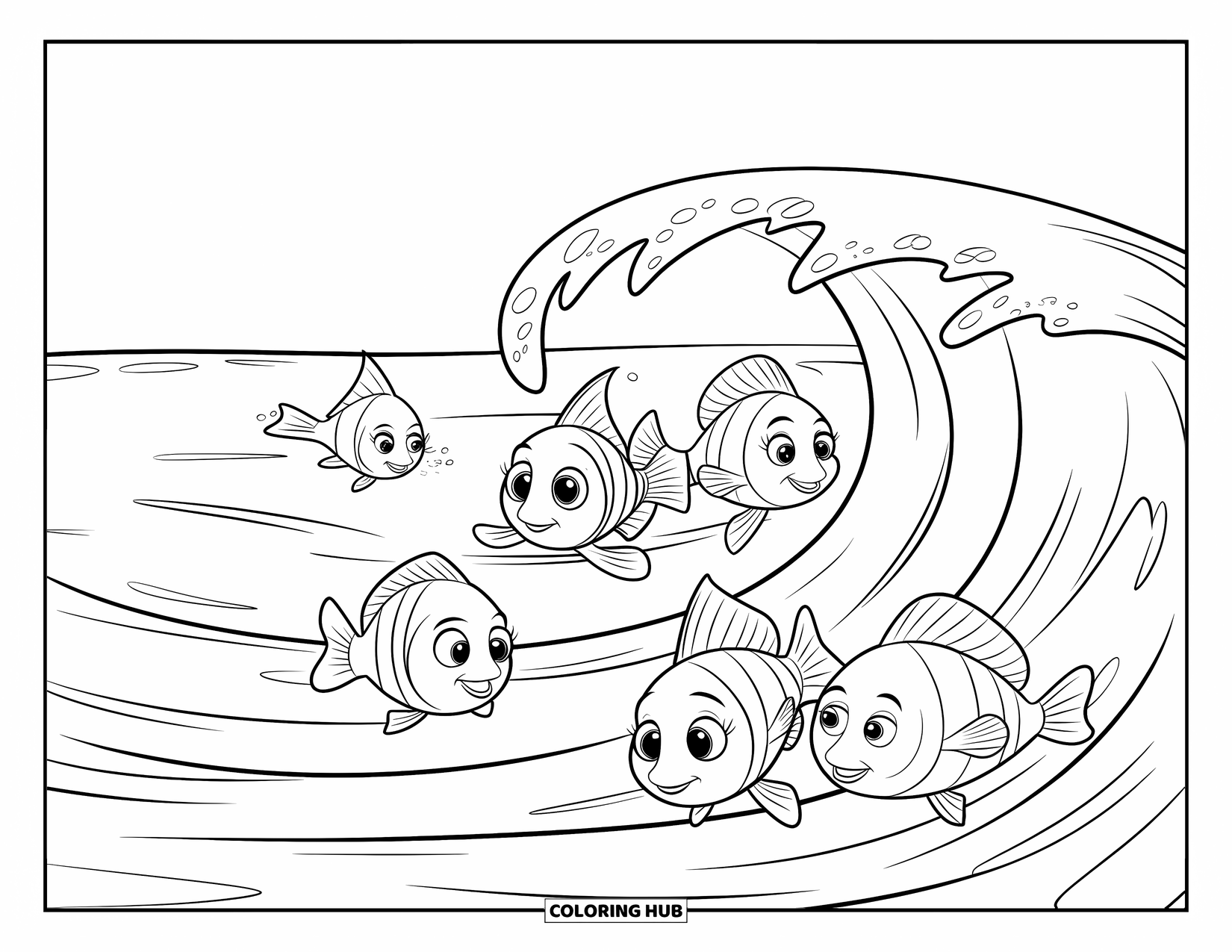 Fisch Ausmalbild für Kinder: Eine Gruppe von fünf freundlichen Fischen schwimmt in der Nähe der Meeresoberfläche und genießt die sanften Wellen