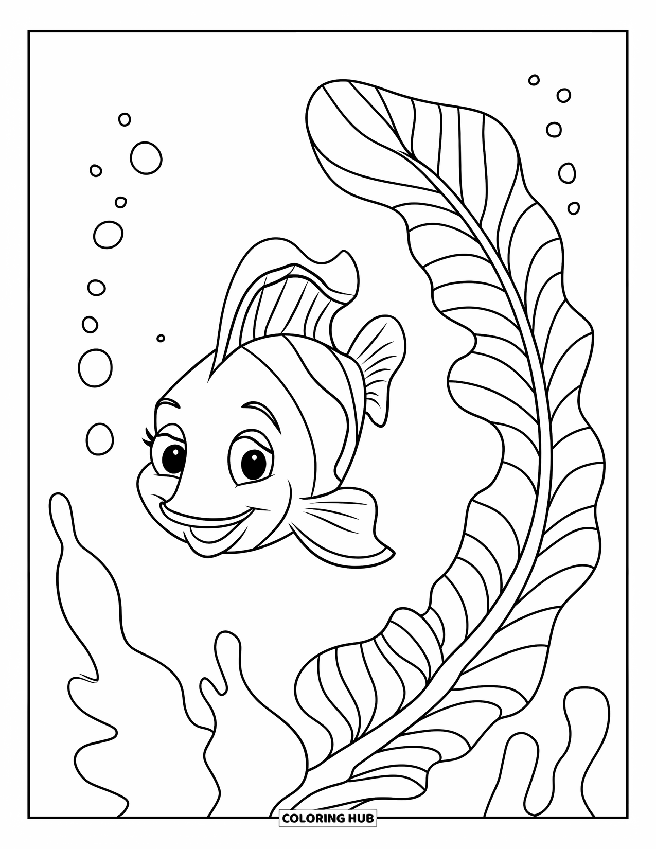 Fisch Ausmalbild für Kinder: Ein glücklicher Fisch mit einem gewellten Schwanz schwimmt in der Nähe von herzförmigen Algen im Ozean