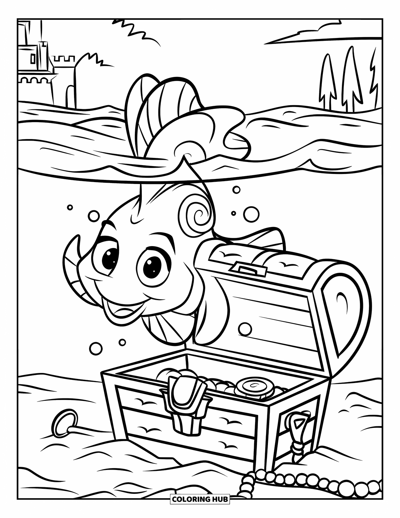 Fisch Ausmalbild für Kinder: Ein glücklicher Goldfisch spielt in der Nähe einer Schatztruhe voller Perlen, Münzen und einem Zepter