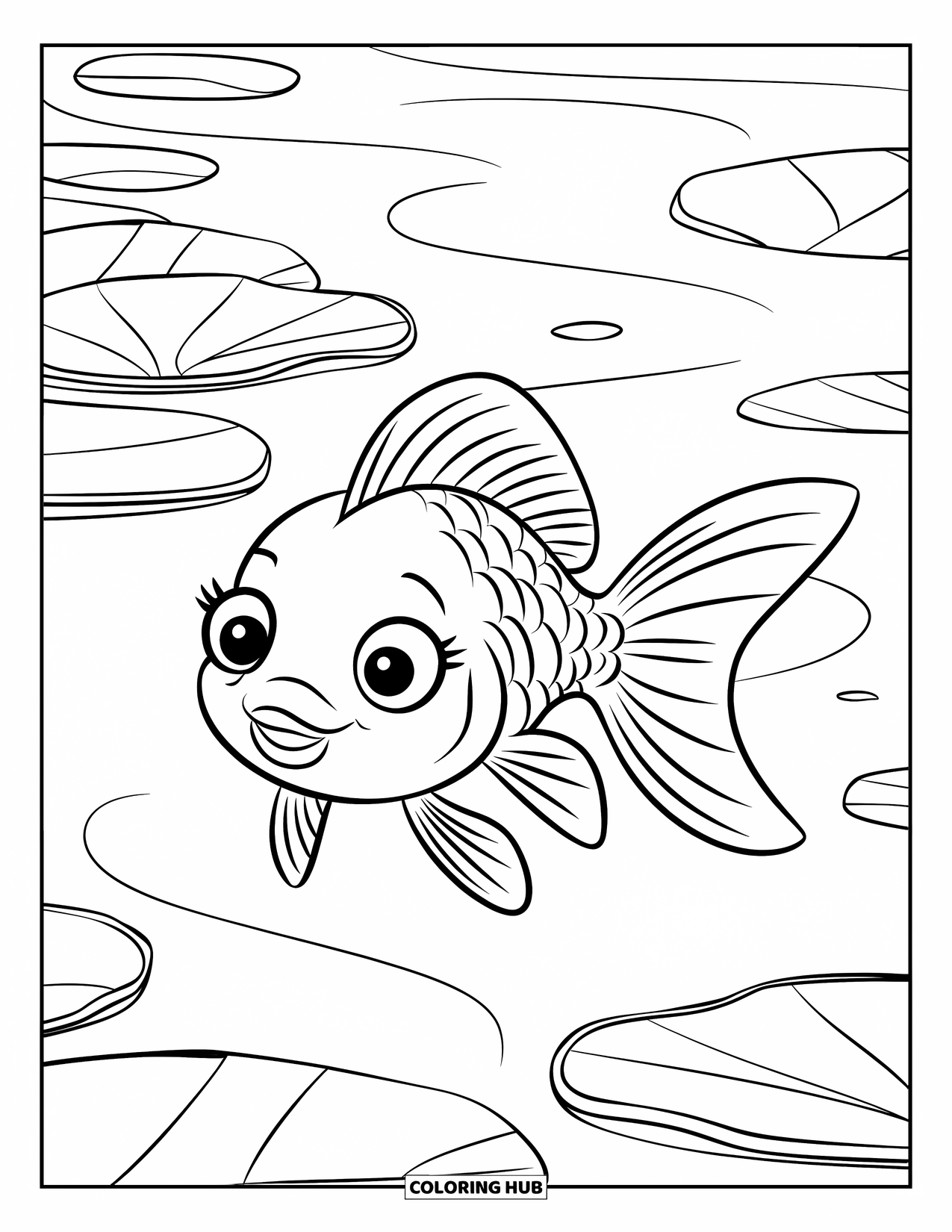 Fisch Ausmalbild für Kinder: Ein glücklicher Goldfisch mit winzigen Flossen schwimmt in einem See, umgeben von ein paar Lotusblumen