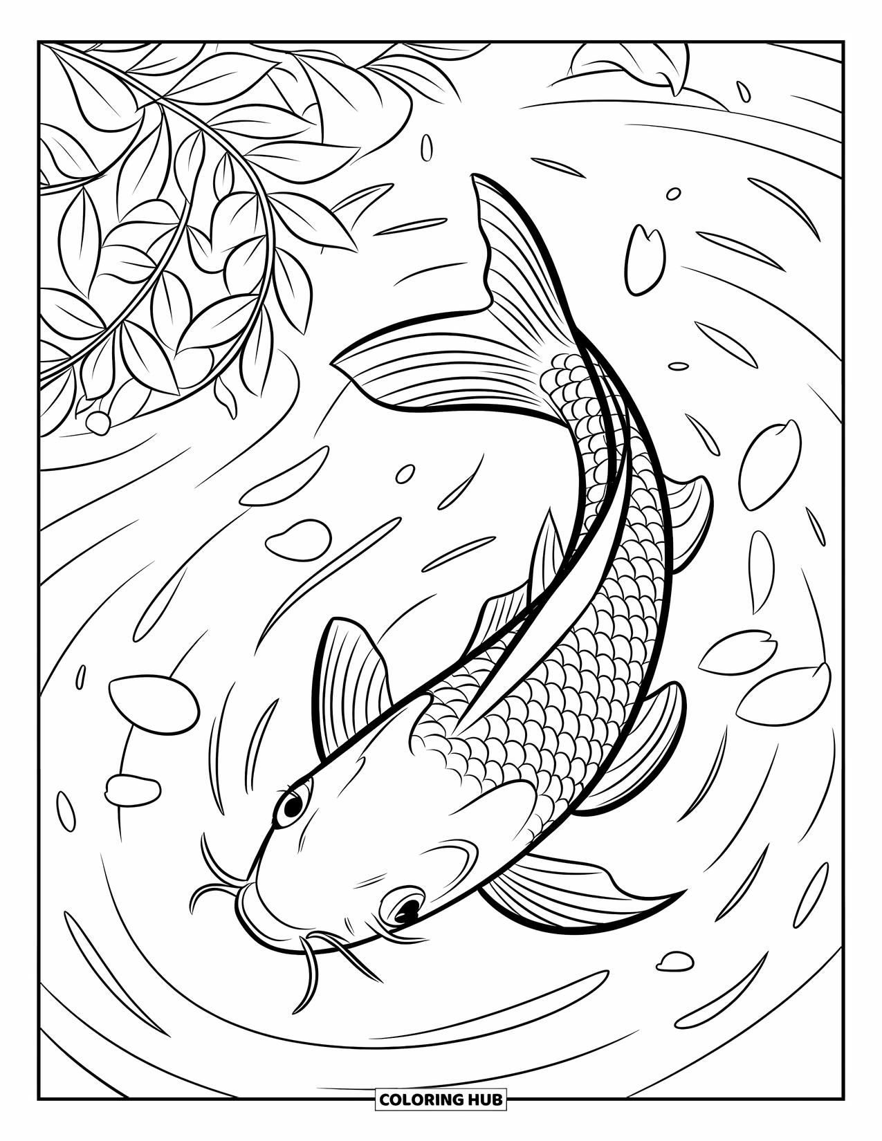 Fisch Ausmalbild für Kinder: Ein Koi-Fisch gleitet durch einen ruhigen Teich, mit zarten Blütenblättern, die auf der Oberfläche treiben