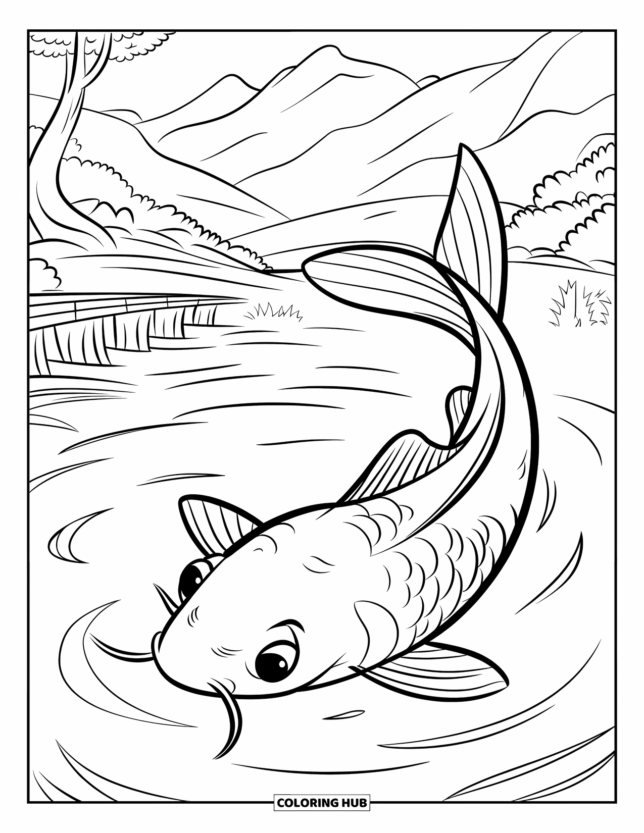 Fisch Ausmalbild für Kinder: Ein Koi-Fisch schwimmt in einem ruhigen Teich mit sanften Wellen, umgeben von Bäumen und Bergen