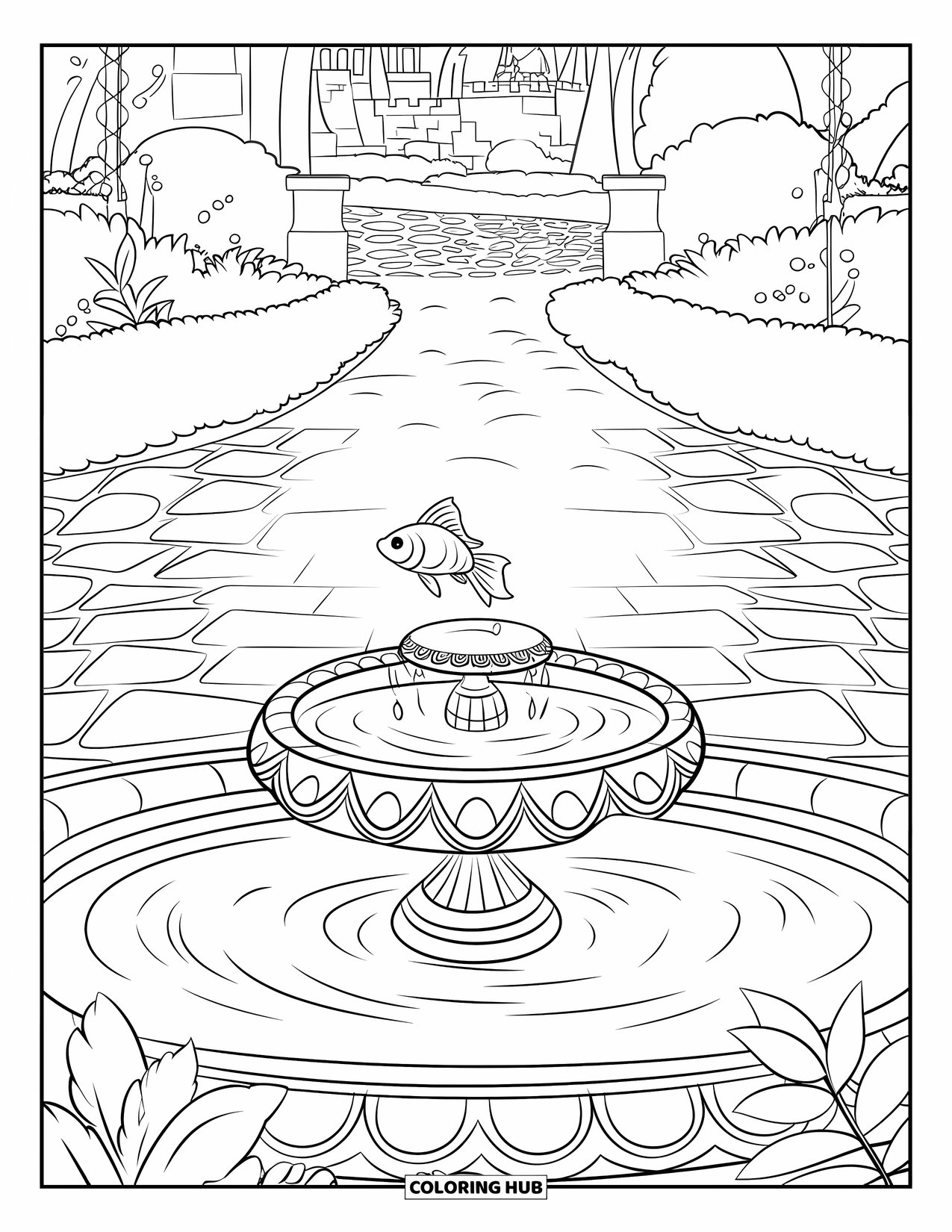 Fisch Ausmalbild für Kinder: Ein lebhafter Goldfisch springt aus einem Hofbrunnen, mit Pflanzen und einem fernen Blick auf eine Burg