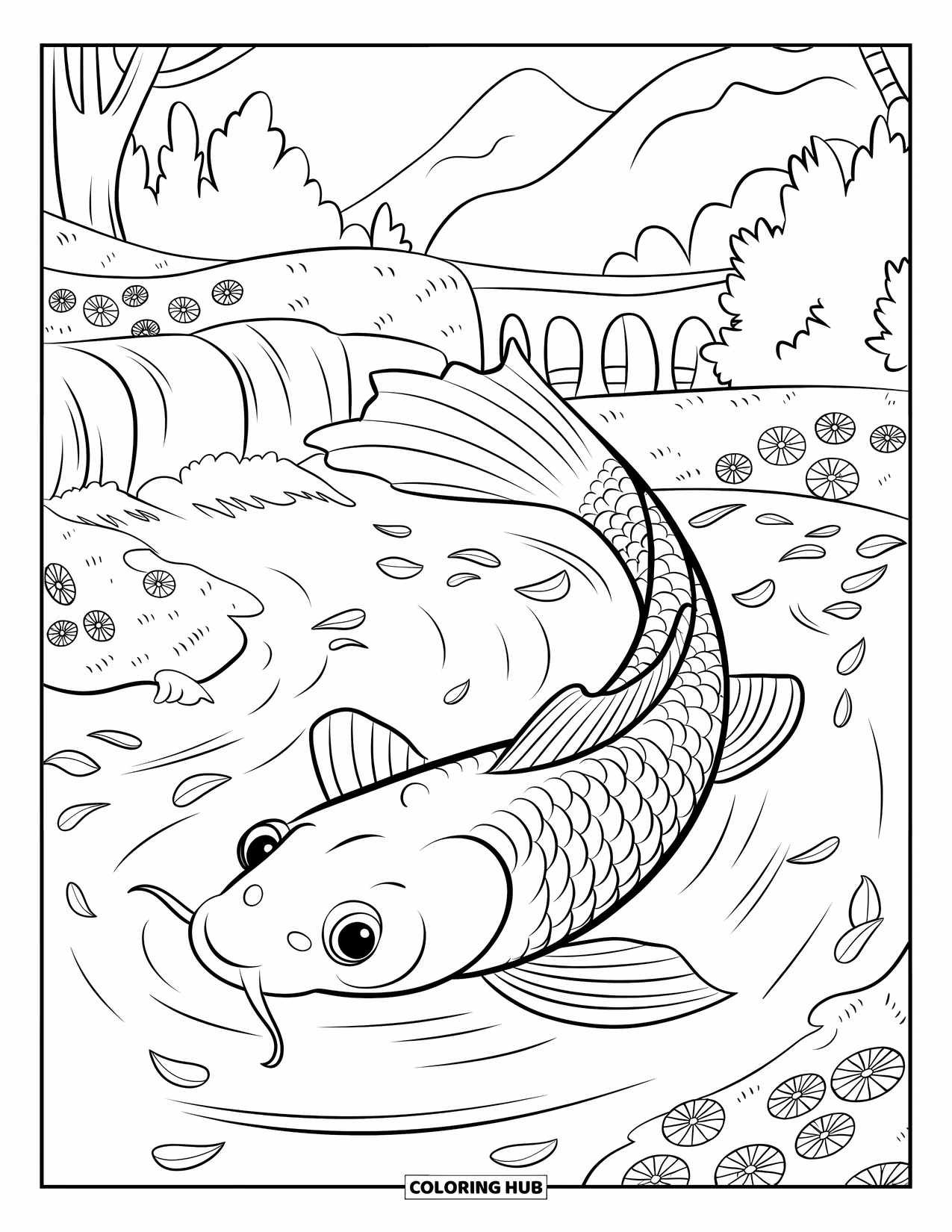 Fisch Ausmalbild für Kinder: Ein mystischer Koi-Fisch schwimmt in einem friedlichen Wasserfallteich, umgeben von schwebenden Blütenblättern