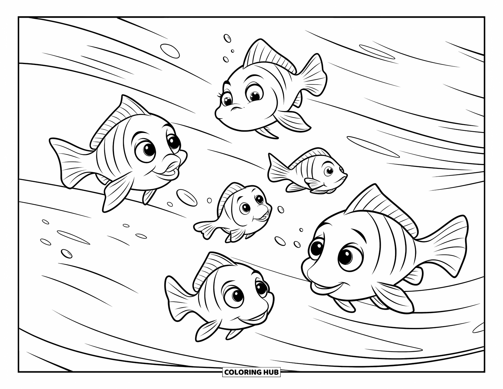 Fisch Ausmalbild für Kinder: Eine verspielte Gruppe von fünf Fischen schwimmt durch sanfte Meereswellen, ihre großen Augen voller Freude