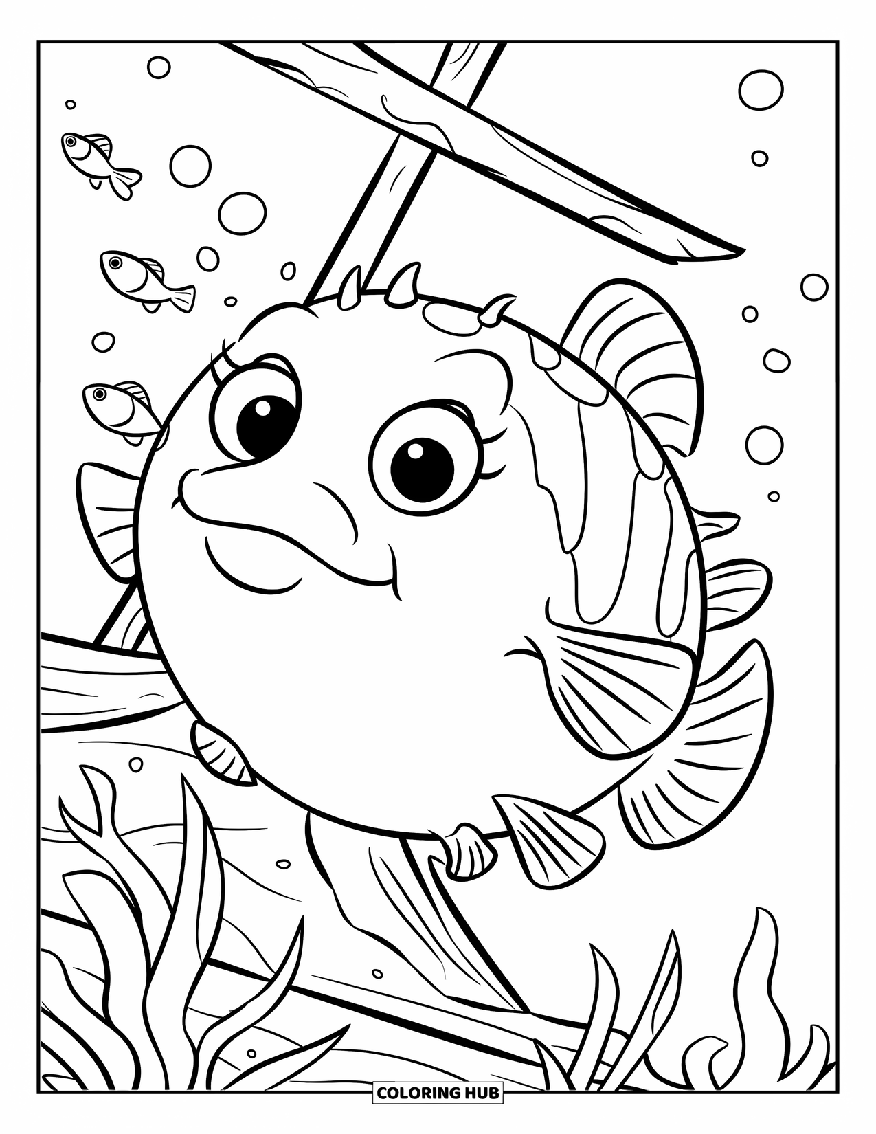 Fisch Ausmalbild für Kinder: Ein aufgeblasener Kugelfisch schwimmt in der Nähe eines versunkenen Schiffes und beobachtet, wie winzige Fische vorbeiziehen