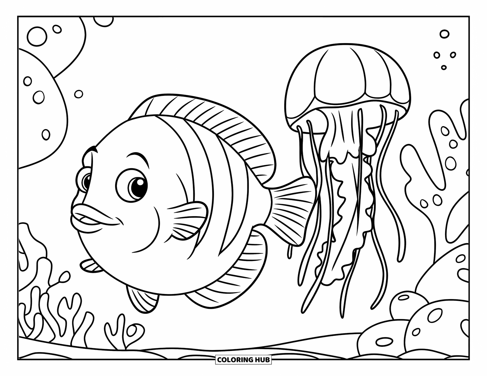 Fisch Ausmalbild für Kinder: Ein runder Fisch mit winzigen Flossen schwimmt in der Nähe einer Qualle, umgeben von weichen Korallen und Felsen