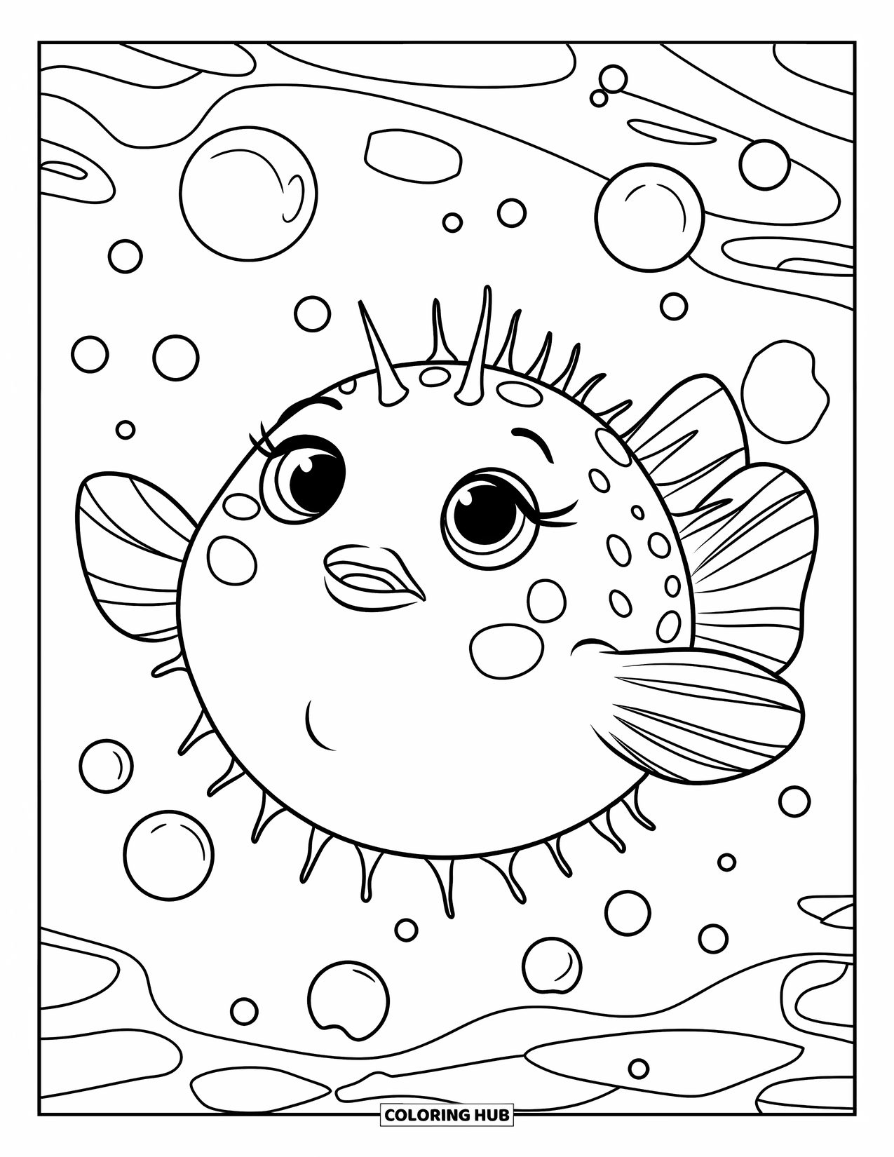 Fisch Ausmalbild für Kinder: Ein runder Kugelfisch mit winzigen Stacheln treibt glücklich und bläst Blasen ins Wasser
